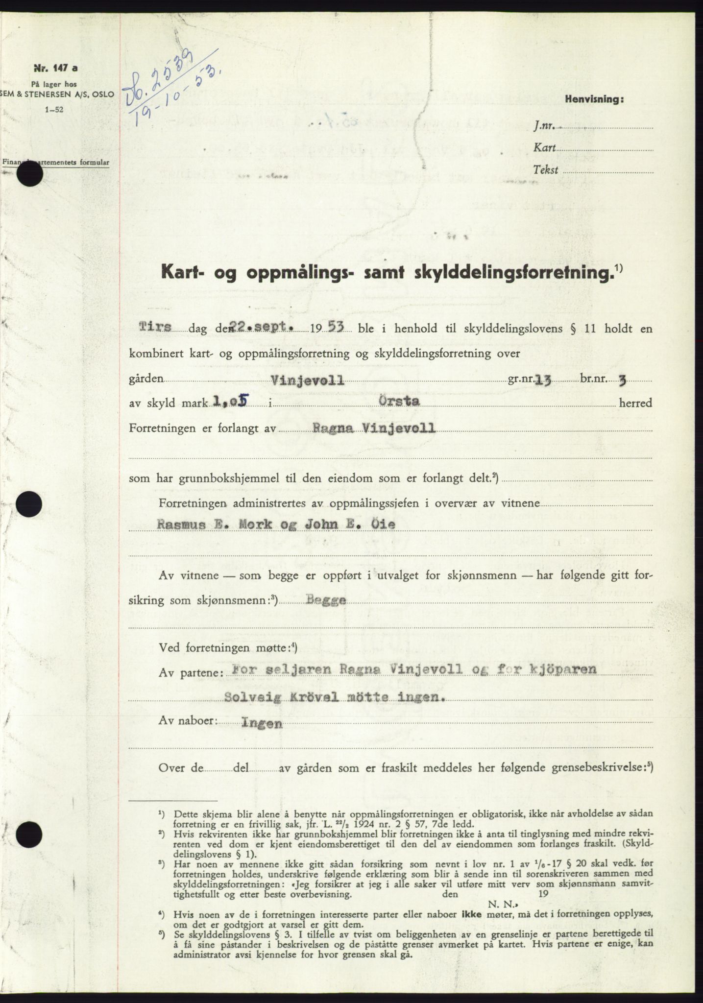 Søre Sunnmøre sorenskriveri, SAT/A-4122/1/2/2C/L0096: Pantebok nr. 22A, 1953-1954, Dagboknr: 2539/1953