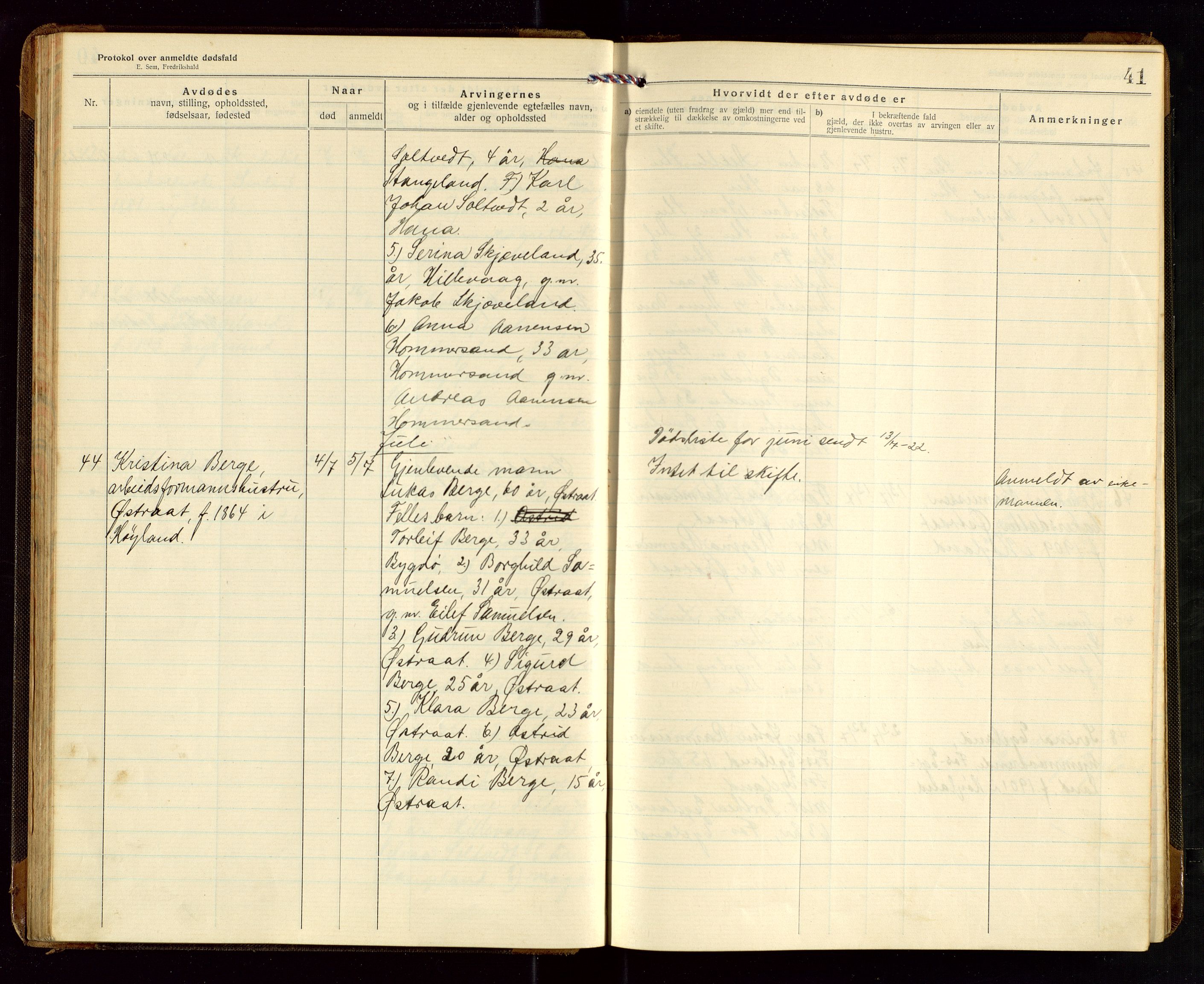 Høyland/Sandnes lensmannskontor, AV/SAST-A-100166/Gga/L0005: "Protkokol over anmeldte dødsfald i Høylands lensmandsdistrikt", 1920-1926, s. 41