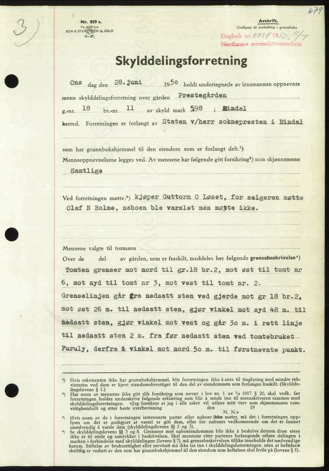 Nordmøre sorenskriveri, SAT/A-4132/1/2/2Ca: Pantebok nr. A115, 1950-1950, Dagboknr: 2284/1950