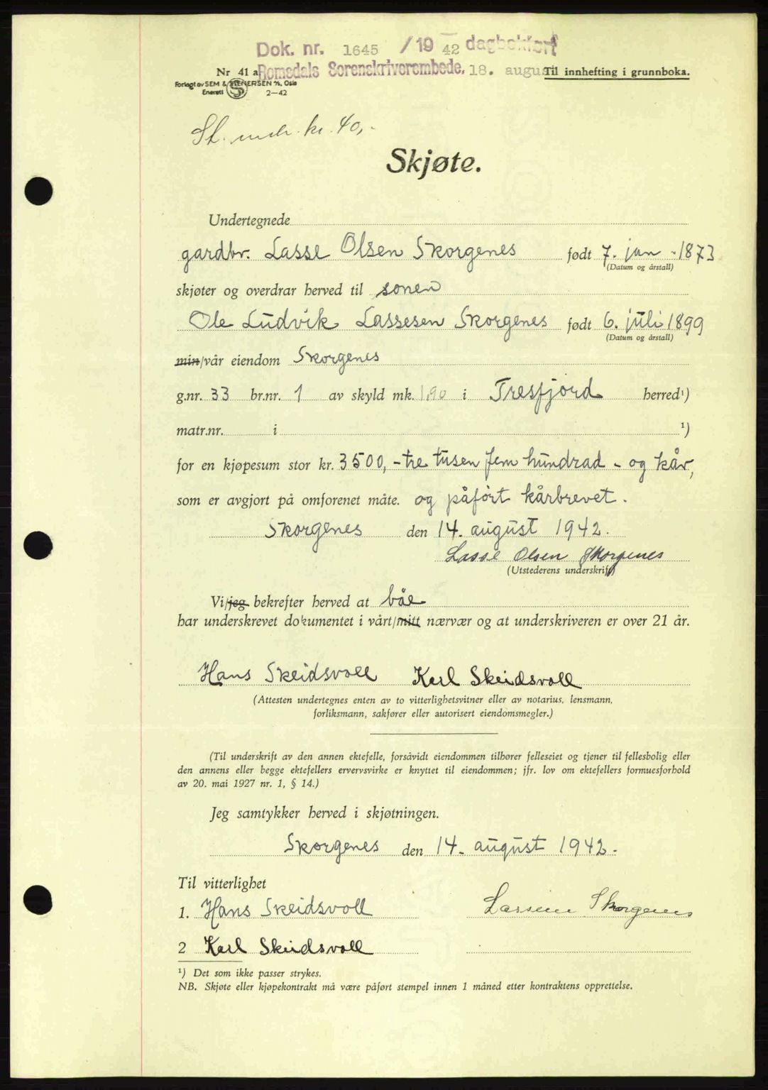 Romsdal sorenskriveri, SAT/A-4149/1/2/2C: Pantebok nr. A12, 1942-1942, Dagboknr: 1645/1942