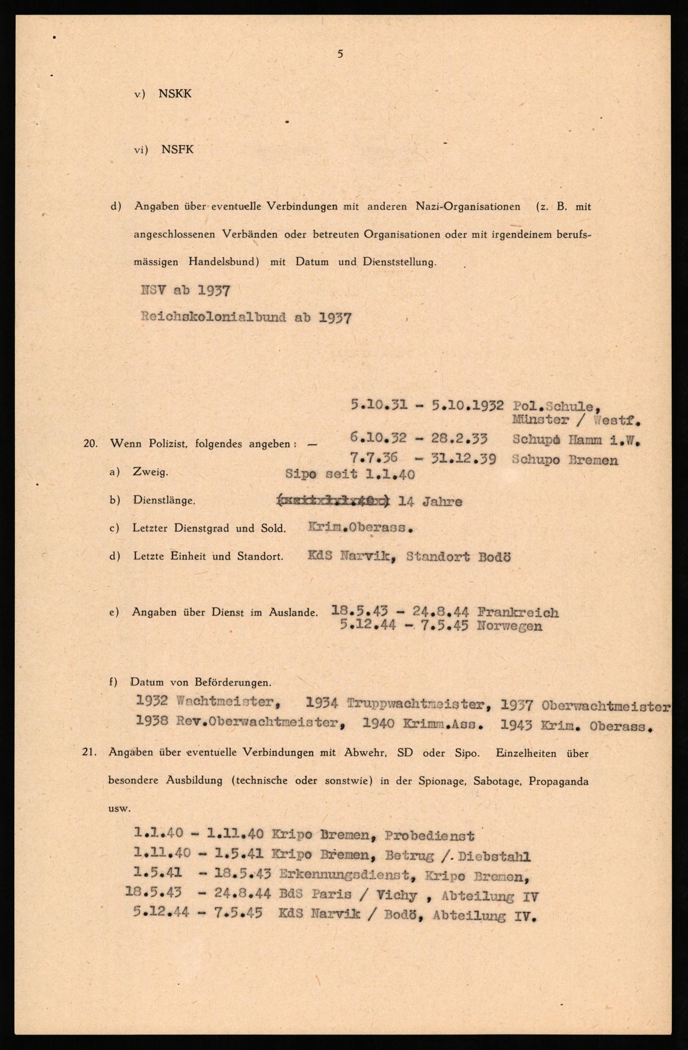 Forsvaret, Forsvarets overkommando II, RA/RAFA-3915/D/Db/L0035: CI Questionaires. Tyske okkupasjonsstyrker i Norge. Tyskere., 1945-1946, s. 58