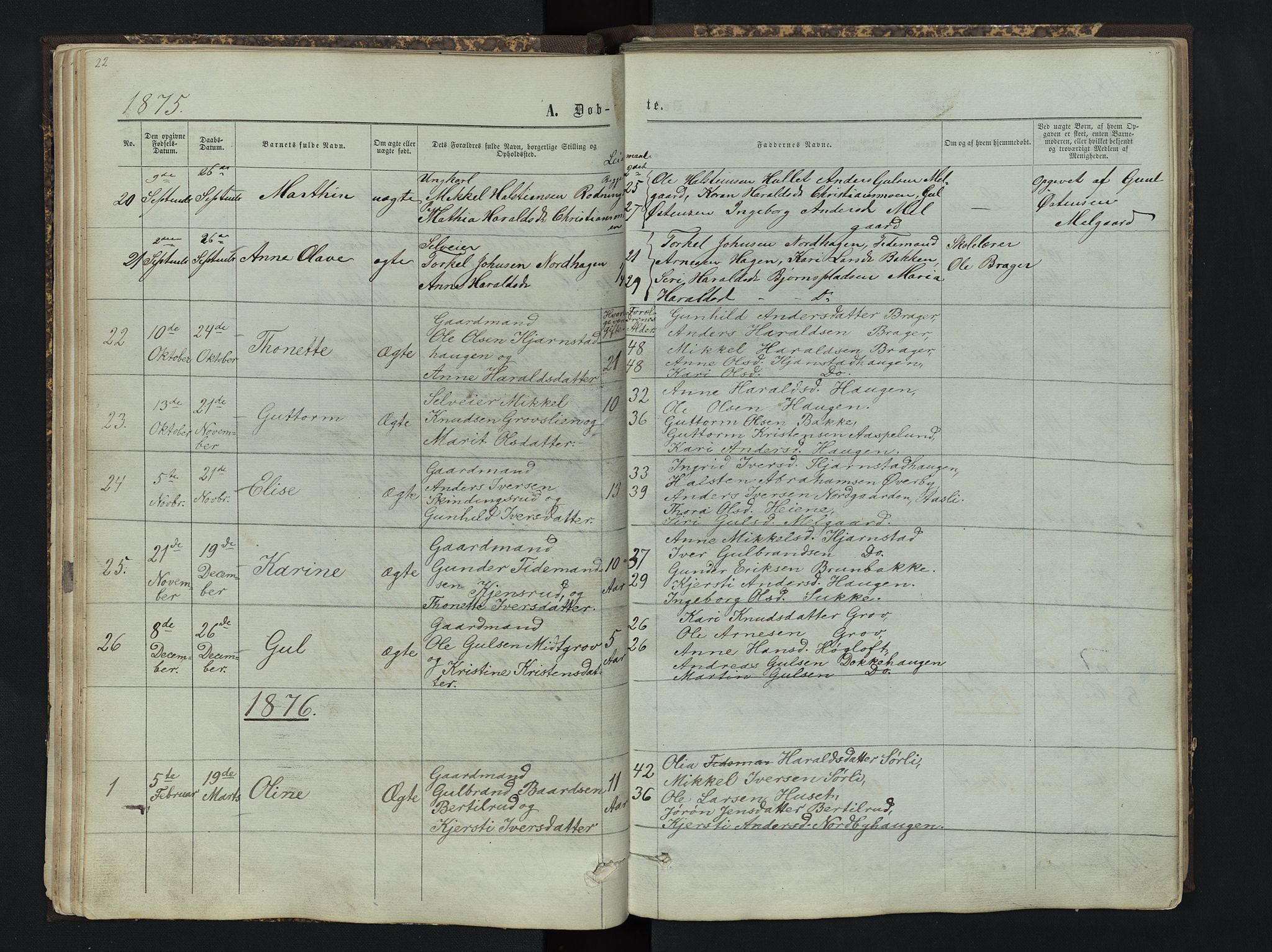 Sør-Aurdal prestekontor, AV/SAH-PREST-128/H/Ha/Hab/L0004: Klokkerbok nr. 4, 1865-1893, s. 22