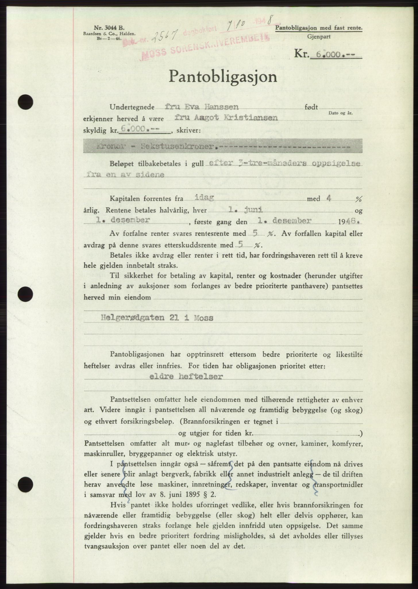 Moss sorenskriveri, AV/SAO-A-10168: Pantebok nr. B20, 1948-1948, Dagboknr: 2567/1948