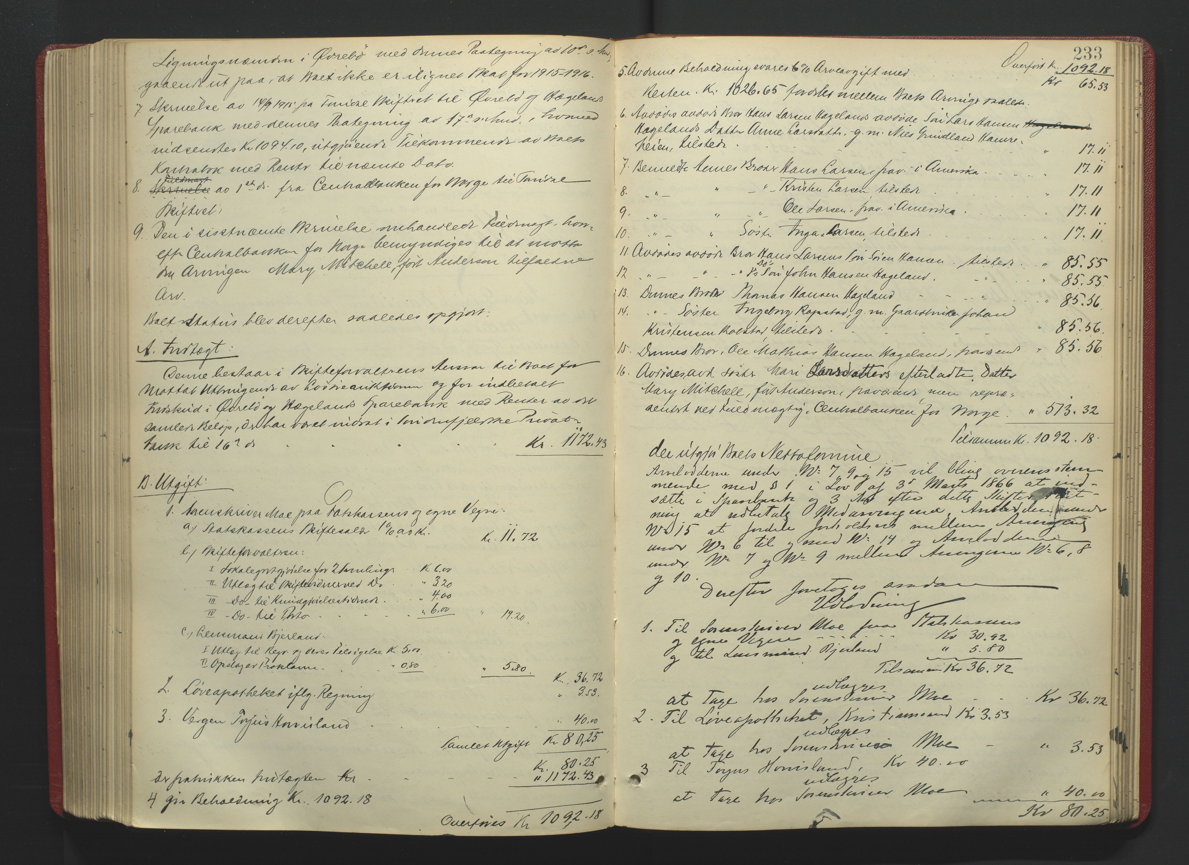 Torridal sorenskriveri, SAK/1221-0012/H/Hc/L0036: Skifteutlodningsprotokoll med navneregister nr. 5, 1906-1918, s. 233
