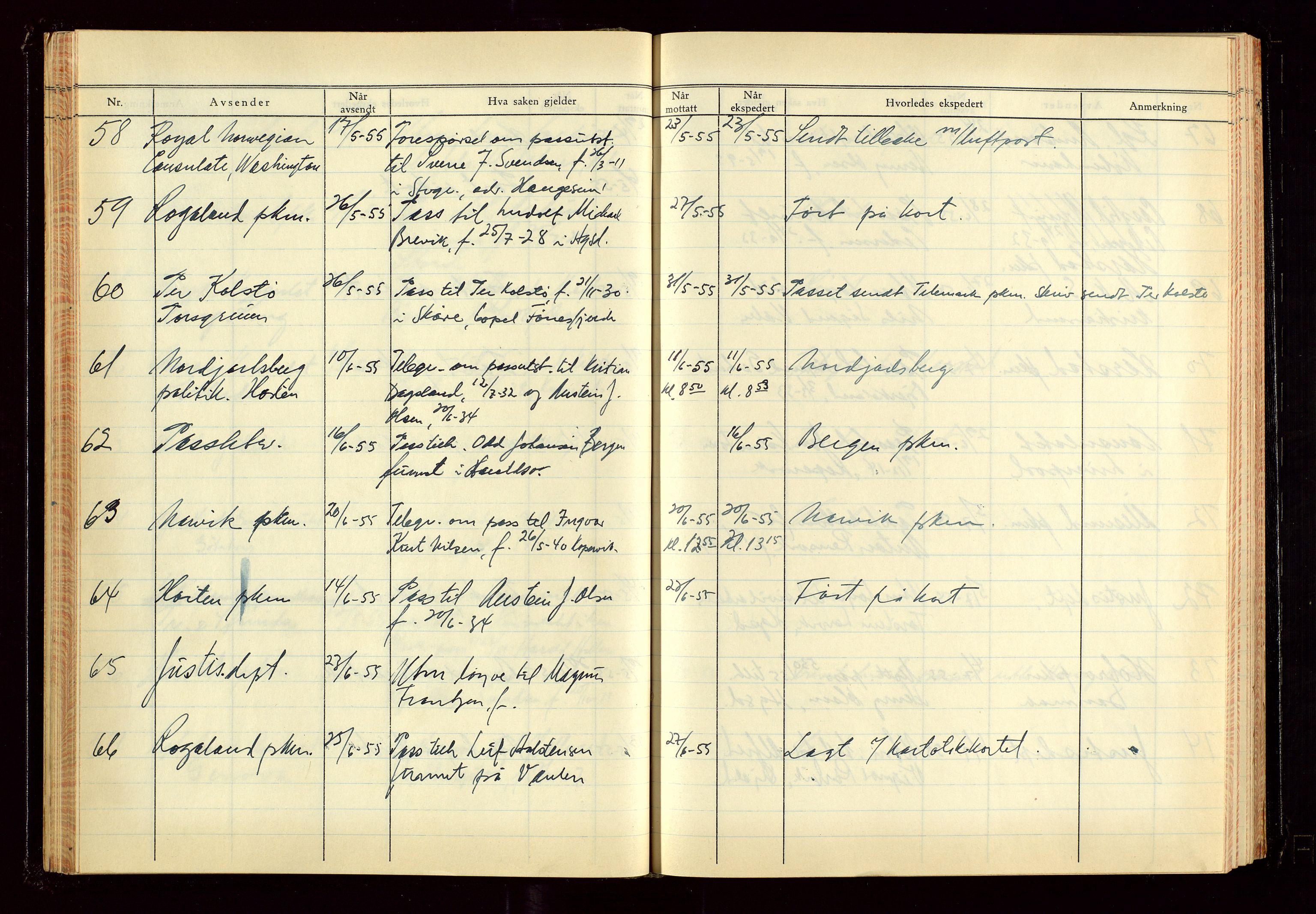 Haugesund politikammer, AV/SAST-A-100440/K/L0007: Brevjournal for passkontoret, 1953-1965, s. 41