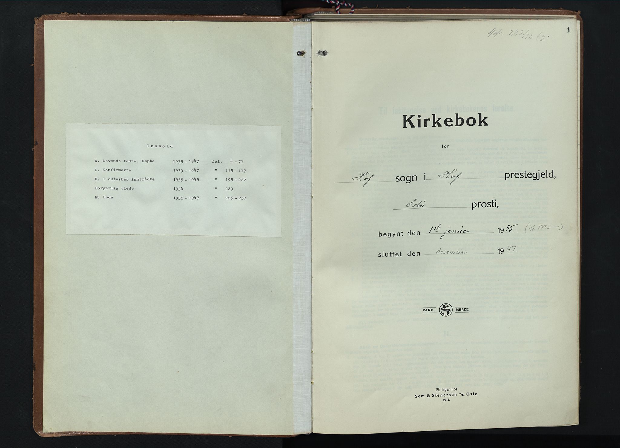Hof prestekontor, SAH/PREST-038/H/Ha/Hab/L0003: Klokkerbok nr. 3, 1933-1947, s. 1