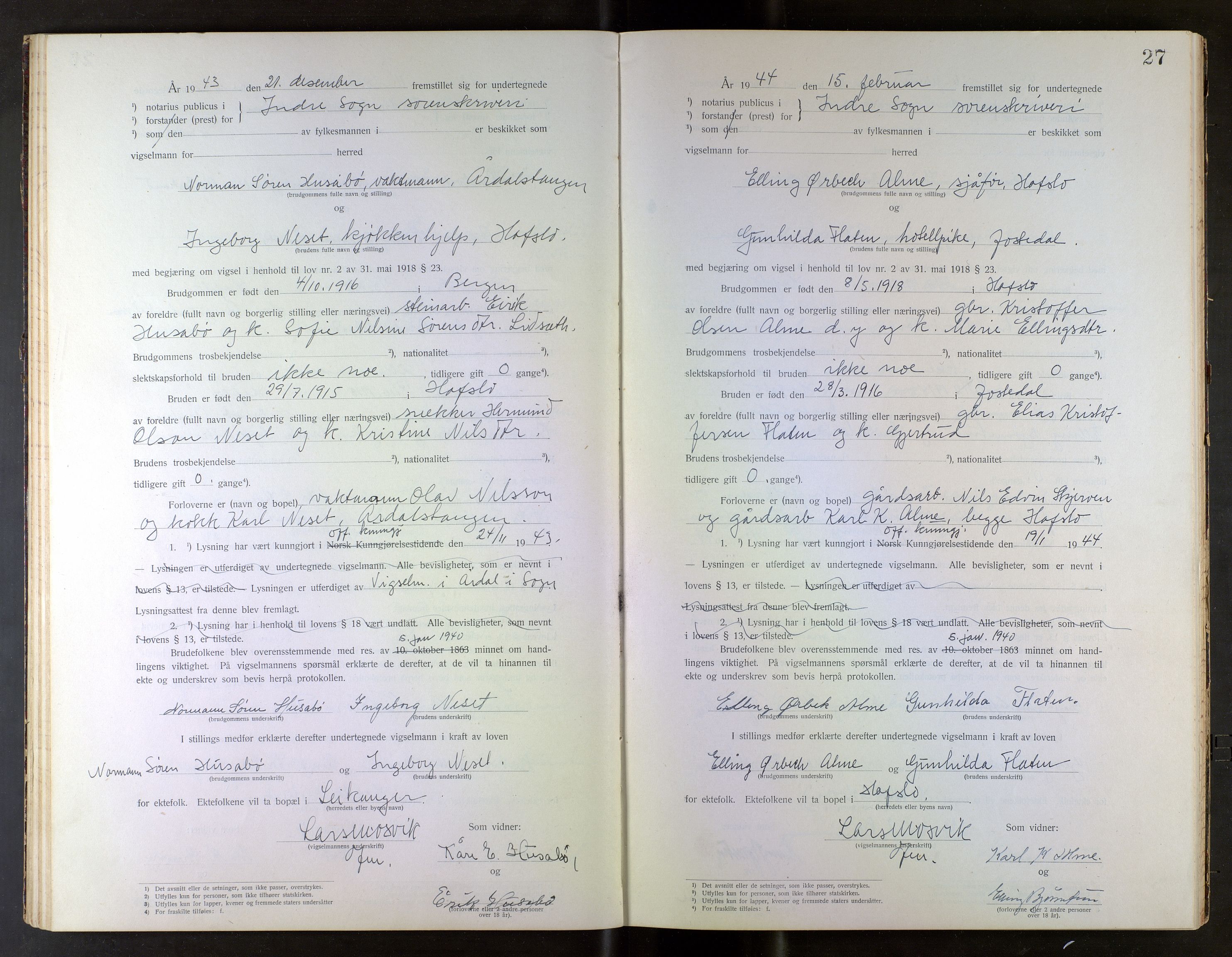 Indre Sogn tingrett, AV/SAB-A-3301/1/L/La/Laa/L0001: Vigselsbok Indre Sogn, 1938-1967, s. 27