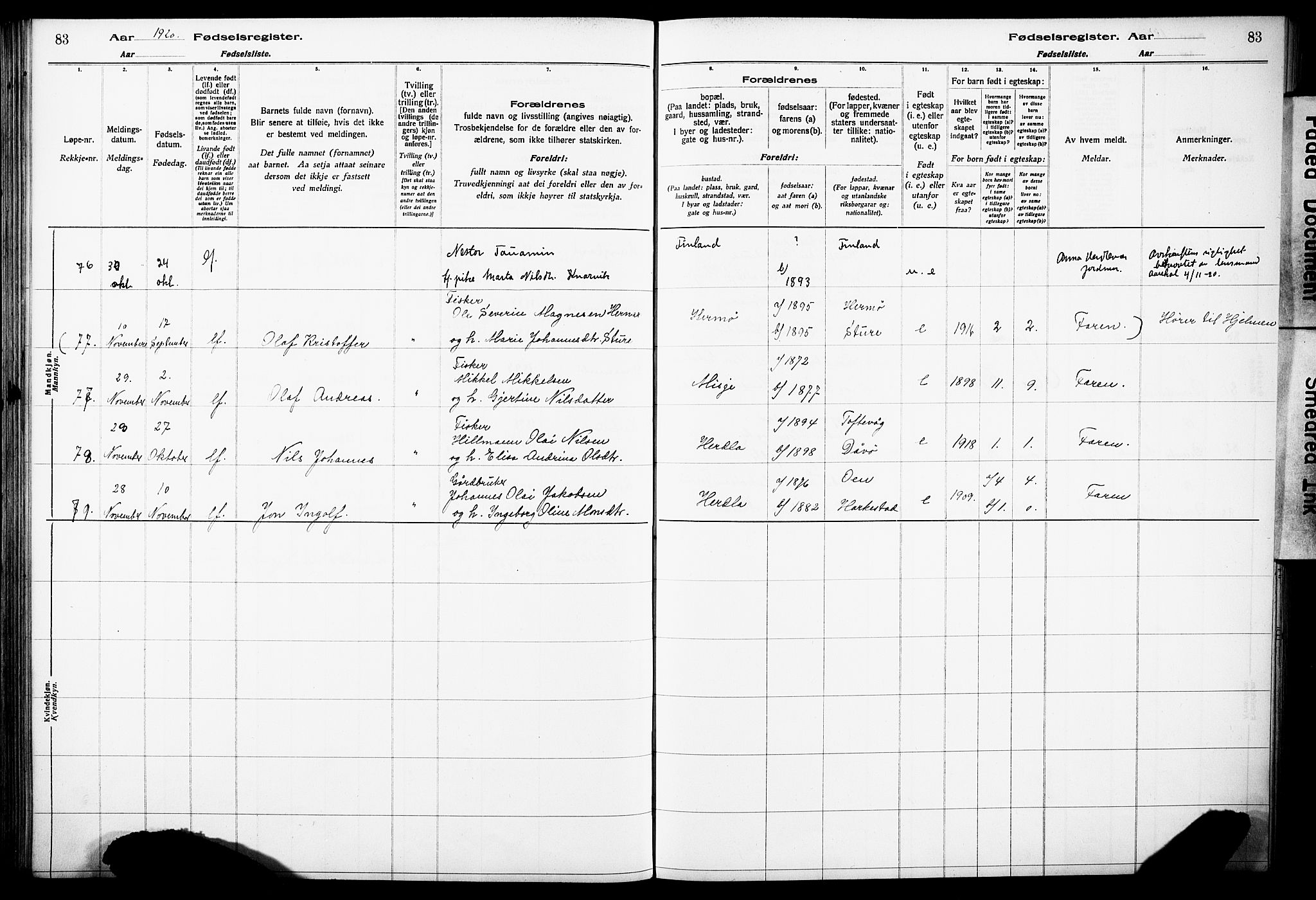 Herdla Sokneprestembete, AV/SAB-A-75701/I/Id/L00A1: Fødselsregister nr. A 1, 1916-1929, s. 83