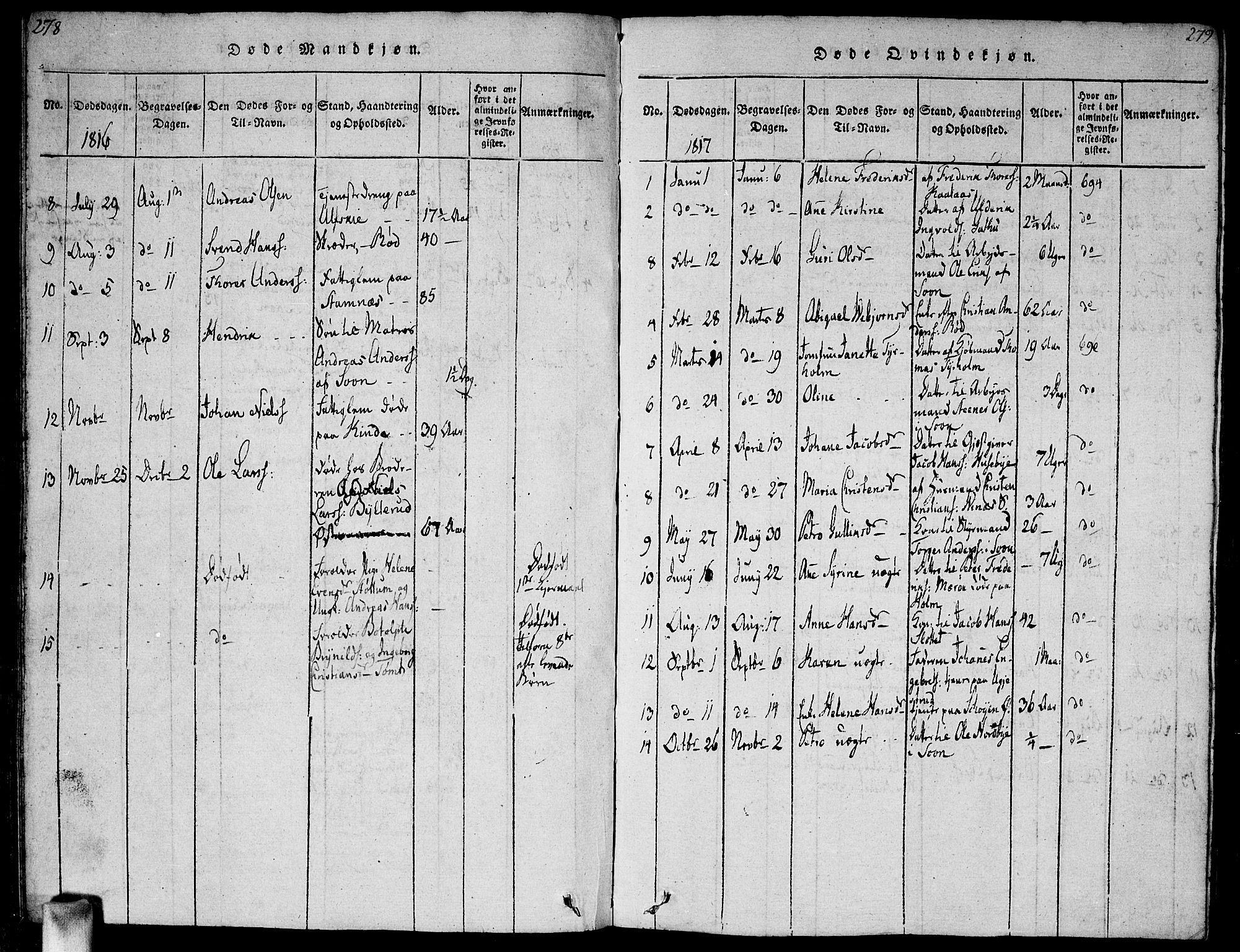 Vestby prestekontor Kirkebøker, AV/SAO-A-10893/G/Ga/L0001: Klokkerbok nr. I 1, 1814-1827, s. 278-279