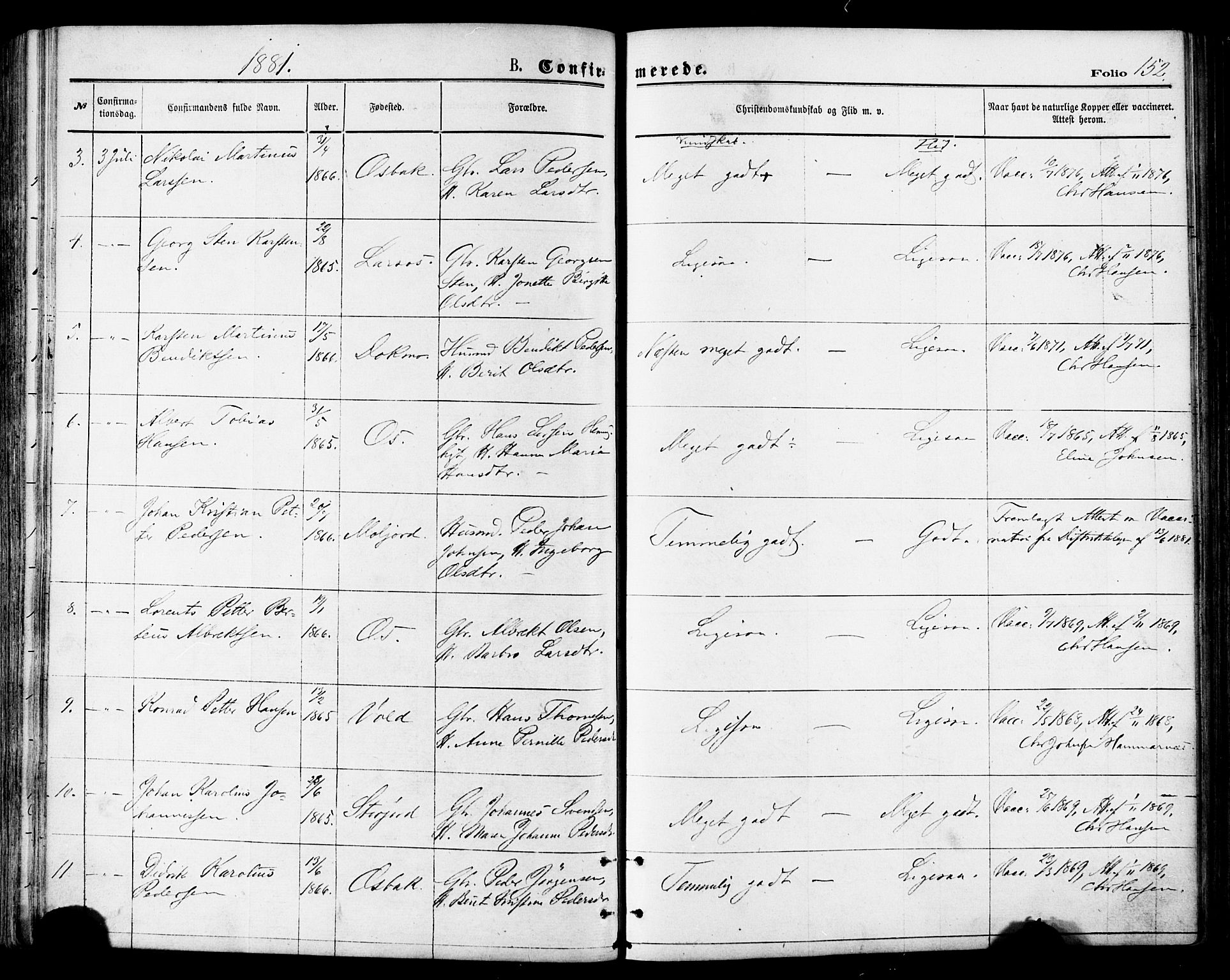 Ministerialprotokoller, klokkerbøker og fødselsregistre - Nordland, SAT/A-1459/846/L0645: Ministerialbok nr. 846A03, 1872-1886, s. 152