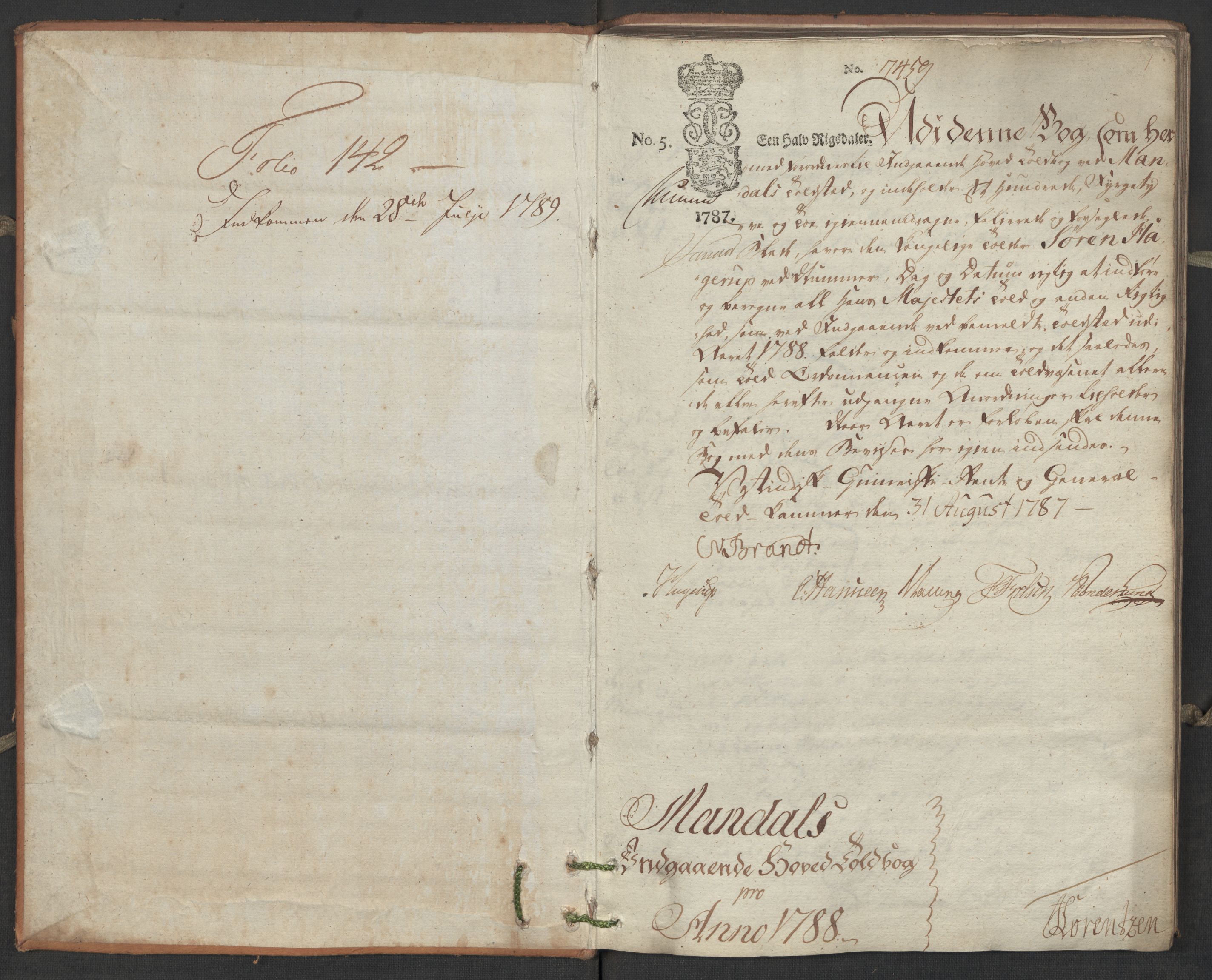 Generaltollkammeret, tollregnskaper, AV/RA-EA-5490/R17/L0049/0001: Tollregnskaper Mandal / Inngående hovedtollbok, 1788