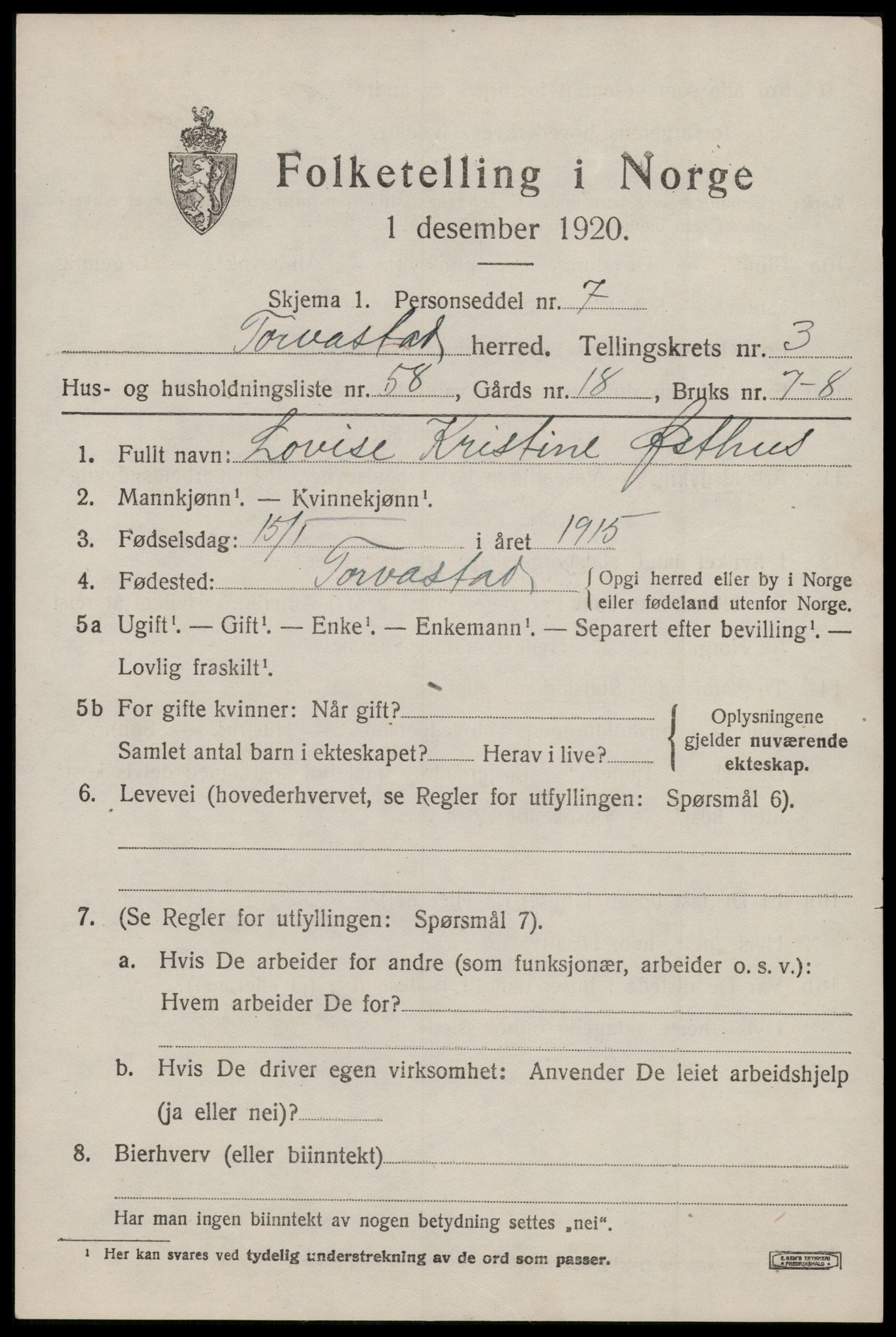 SAST, Folketelling 1920 for 1152 Torvastad herred, 1920, s. 3602