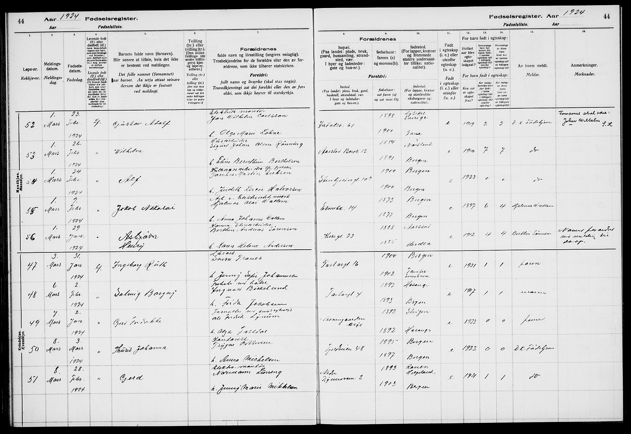 Sandviken Sokneprestembete, AV/SAB-A-77601/I/Ib/L00A3: Fødselsregister nr. A 3, 1923-1926, s. 44