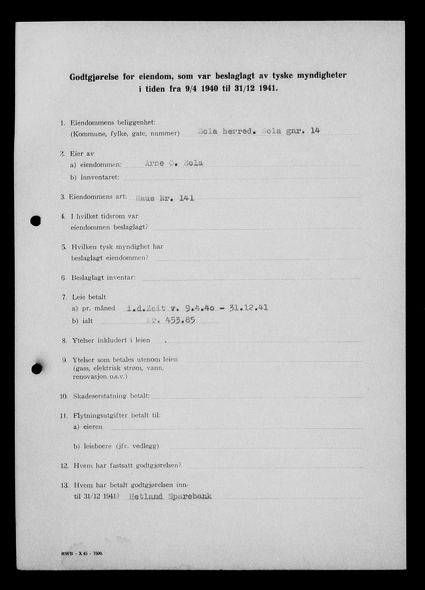 Justisdepartementet, Tilbakeføringskontoret for inndratte formuer, AV/RA-S-1564/I/L1015: Godtgjørelse for beslaglagt eiendom, 1940-1941, s. 196