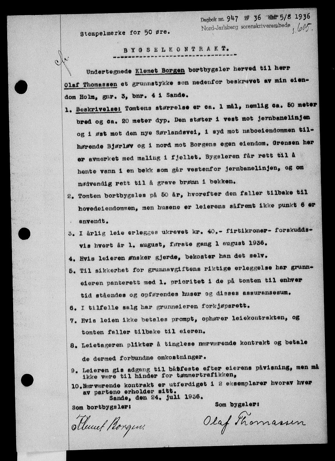 Holmestrand sorenskriveri, SAKO/A-67/G/Ga/Gaa/L0047: Pantebok nr. A-47, 1936-1936, Dagboknr: 947/1936