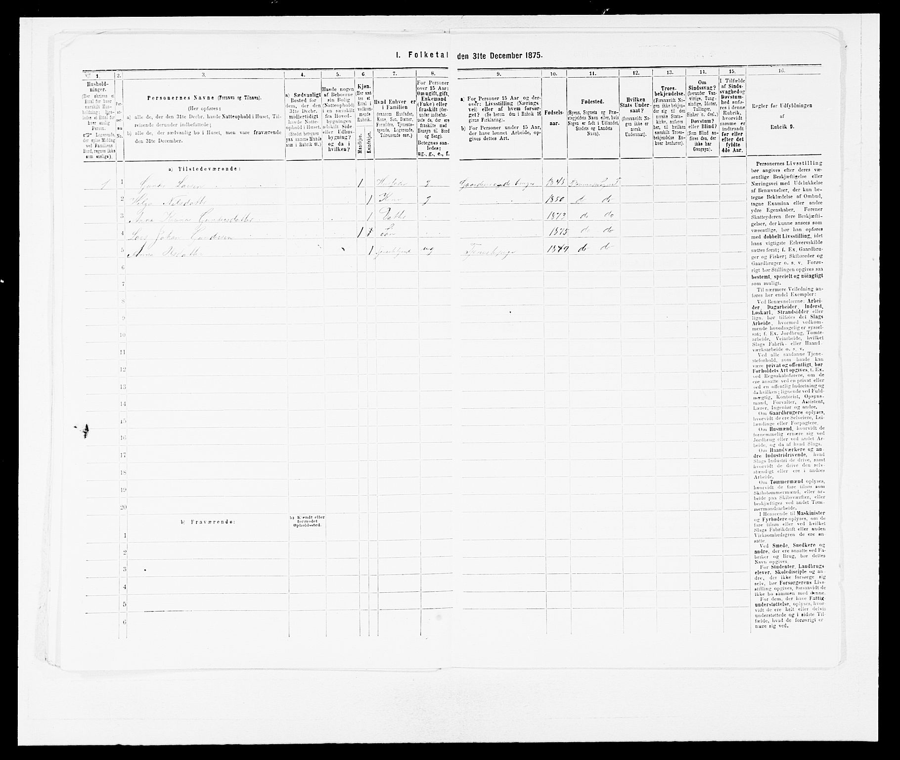 SAB, Folketelling 1875 for 1218P Finnås prestegjeld, 1875, s. 605