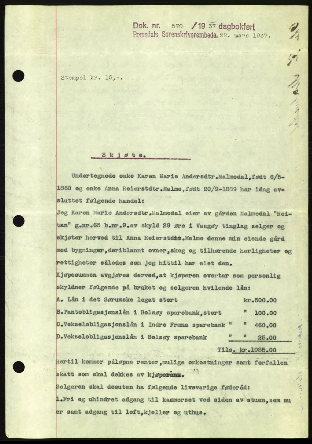 Romsdal sorenskriveri, SAT/A-4149/1/2/2C: Pantebok nr. A2, 1936-1937, Dagboknr: 570/1937