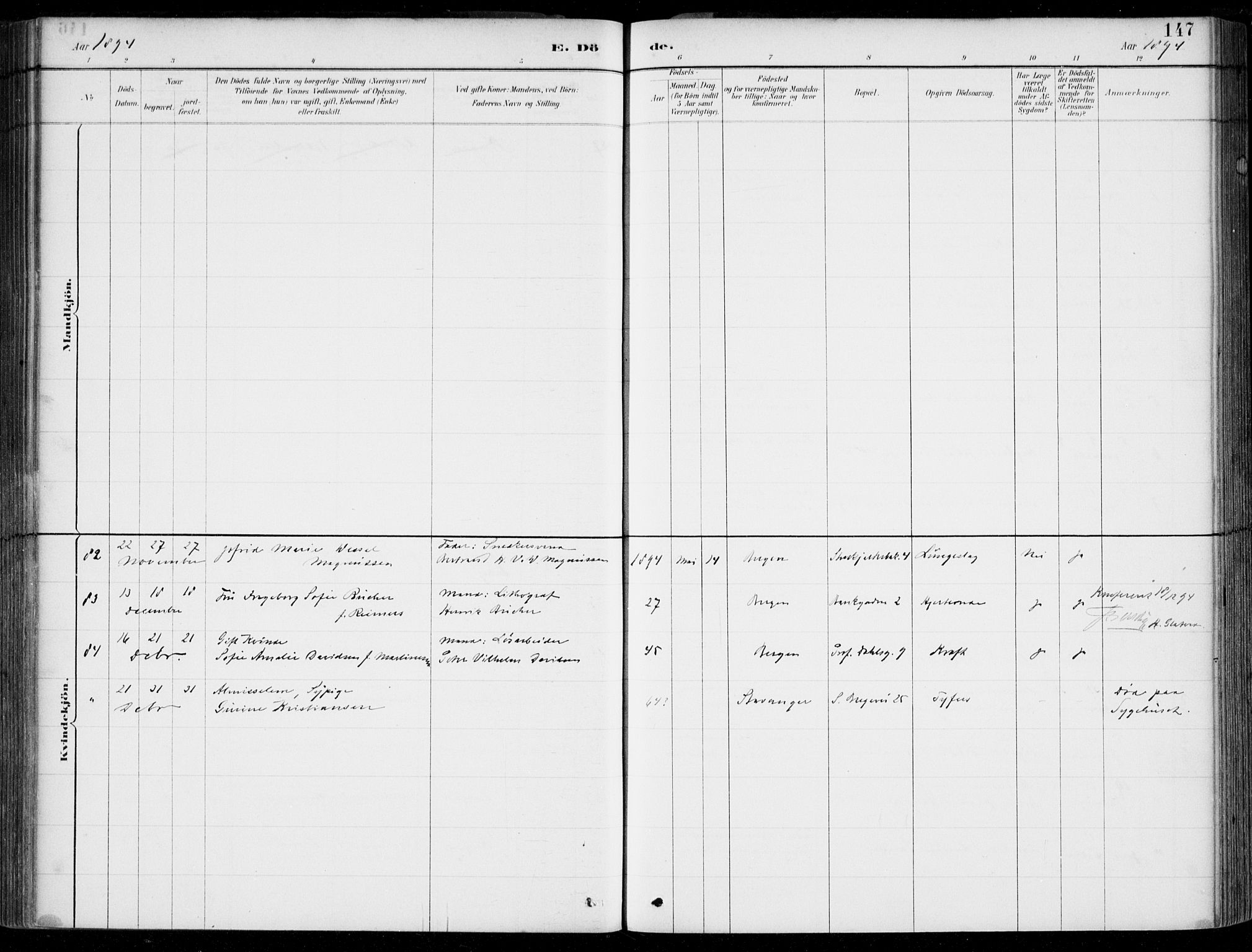 Korskirken sokneprestembete, SAB/A-76101/H/Hab: Klokkerbok nr. E 4, 1884-1910, s. 147