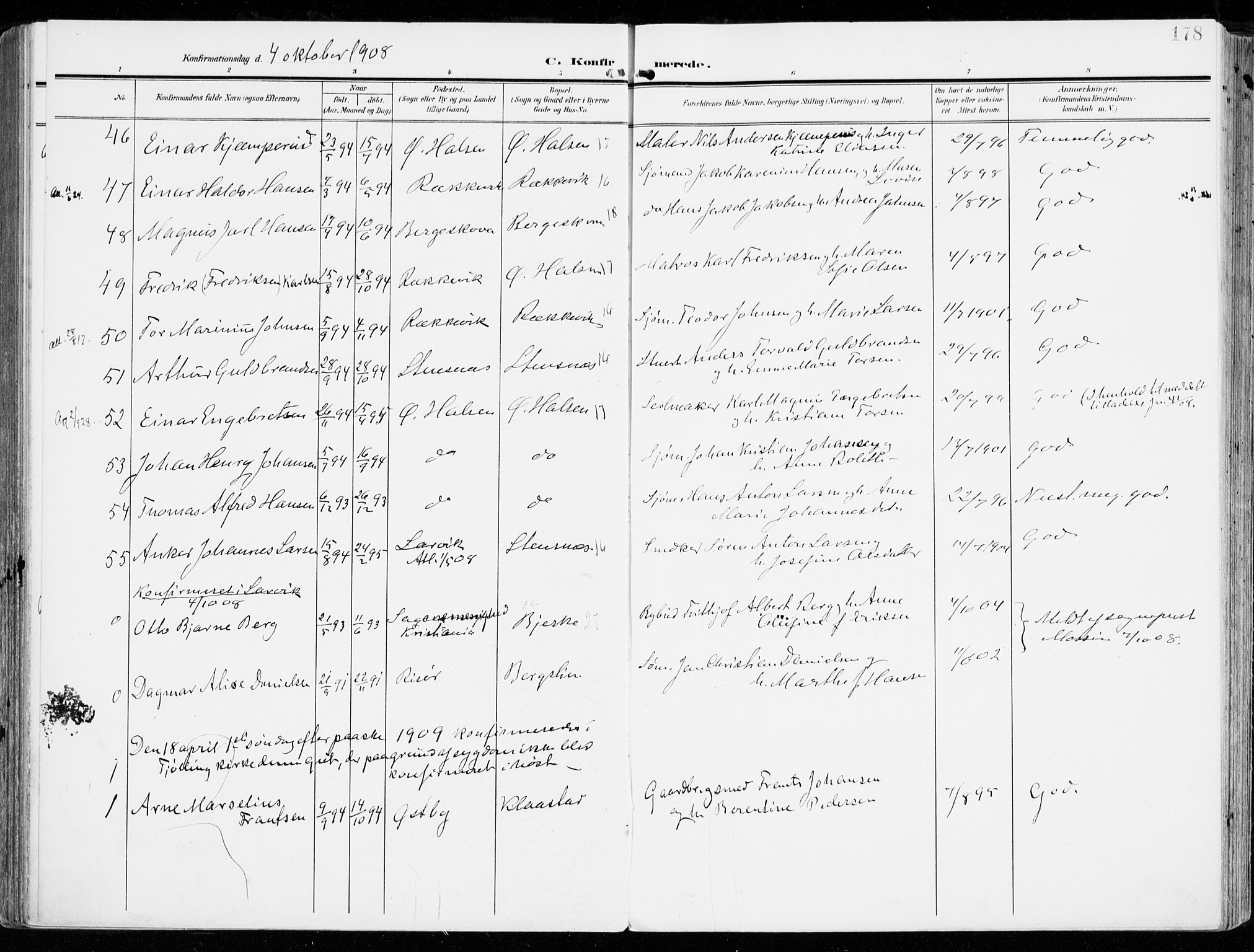 Tjølling kirkebøker, AV/SAKO-A-60/F/Fa/L0010: Ministerialbok nr. 10, 1906-1923, s. 178