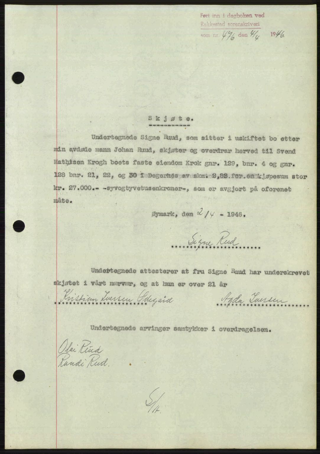 Rakkestad sorenskriveri, AV/SAO-A-10686/G/Gb/Gba/Gbab/L0012a: Pantebok nr. A12 I, 1945-1946, Dagboknr: 476/1946