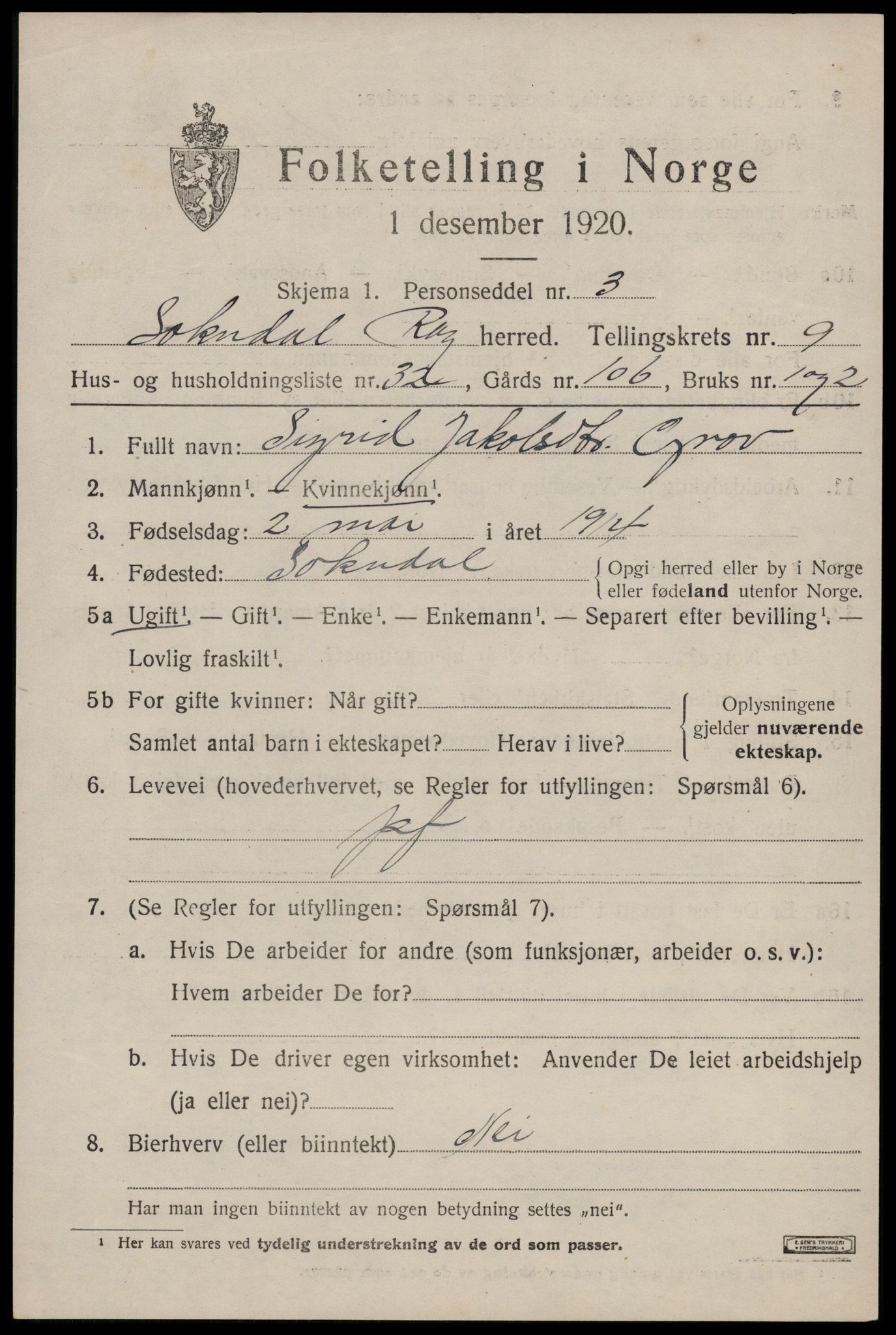 SAST, Folketelling 1920 for 1111 Sokndal herred, 1920, s. 5711