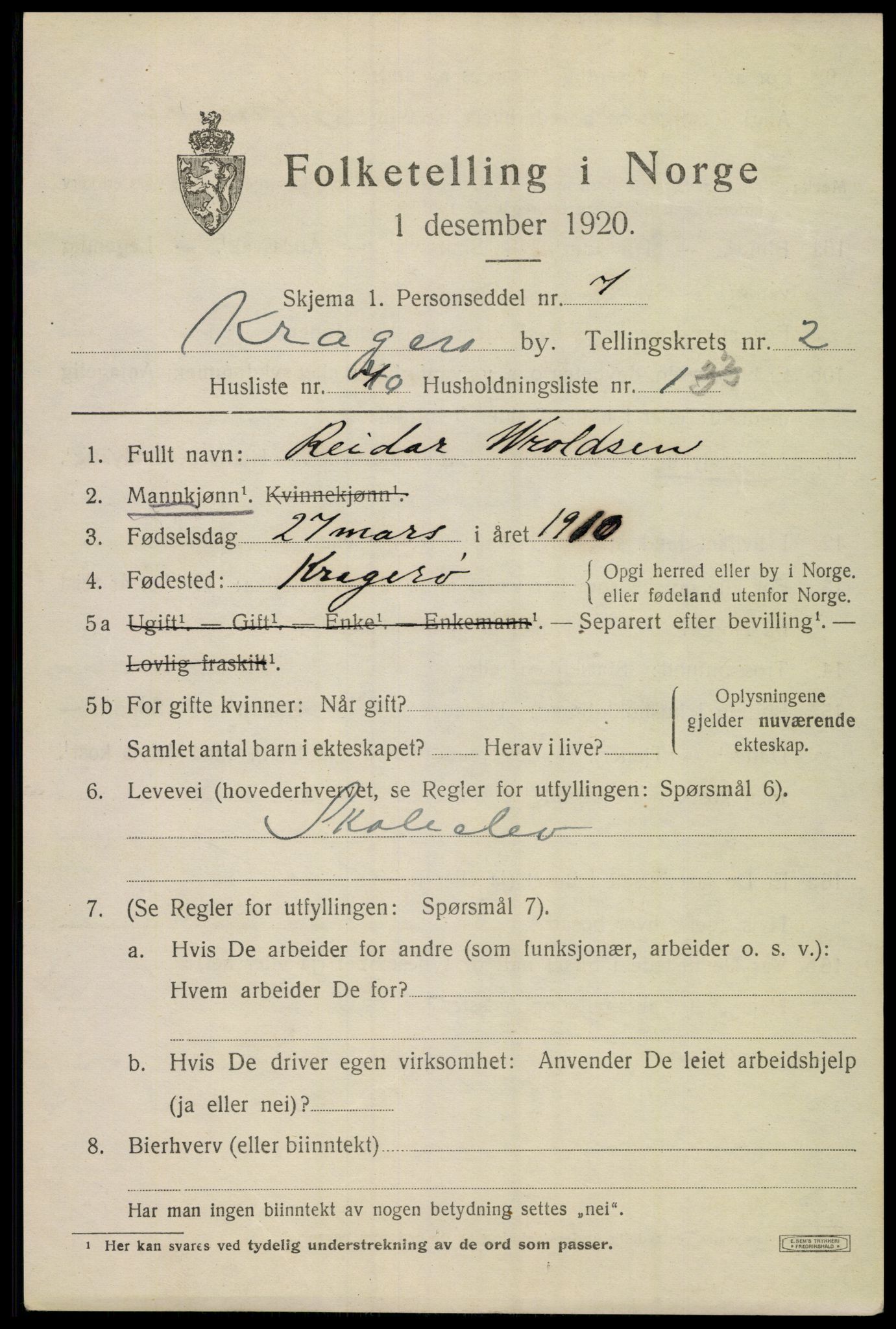 SAKO, Folketelling 1920 for 0801 Kragerø kjøpstad, 1920, s. 5849