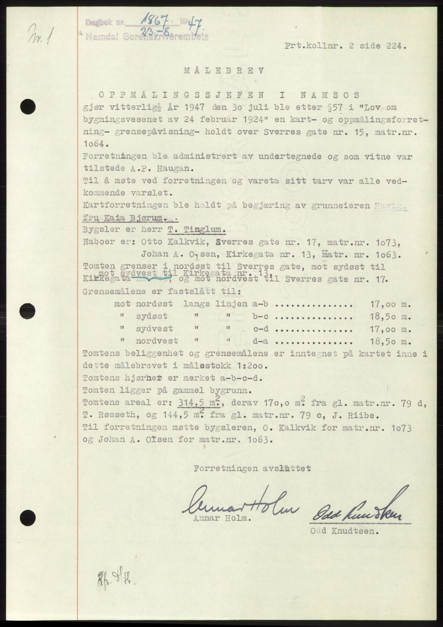 Namdal sorenskriveri, SAT/A-4133/1/2/2C: Pantebok nr. -, 1947-1947, Dagboknr: 1867/1947