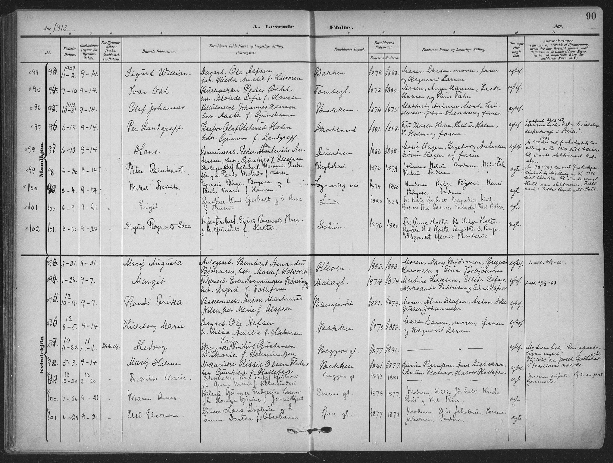 Skien kirkebøker, AV/SAKO-A-302/F/Fa/L0012: Ministerialbok nr. 12, 1908-1914, s. 90