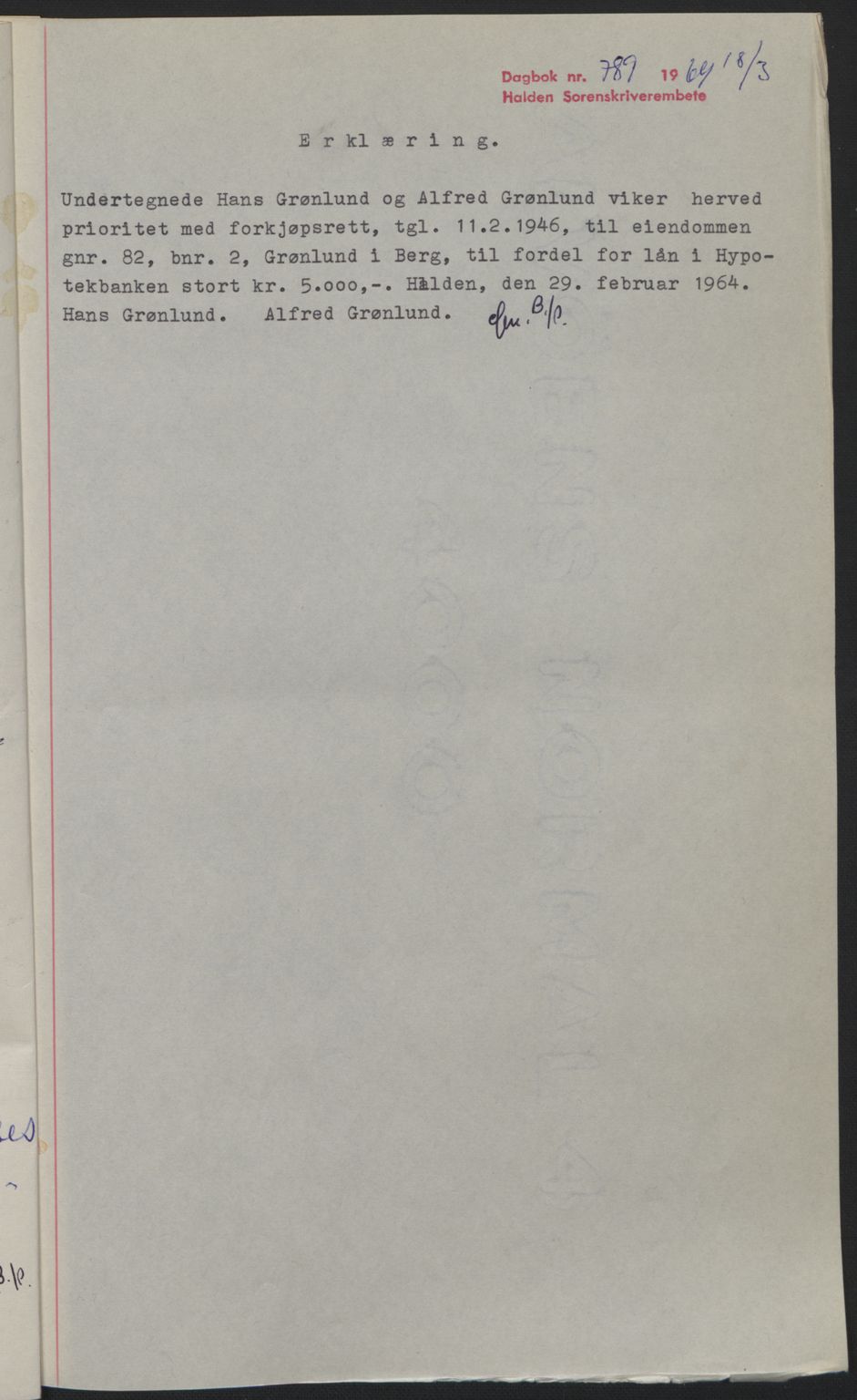 Idd og Marker sorenskriveri, SAO/A-10283/G/Gb/Gbb/L0008: Pantebok nr. A8, 1946-1946, Dagboknr: 789/1964