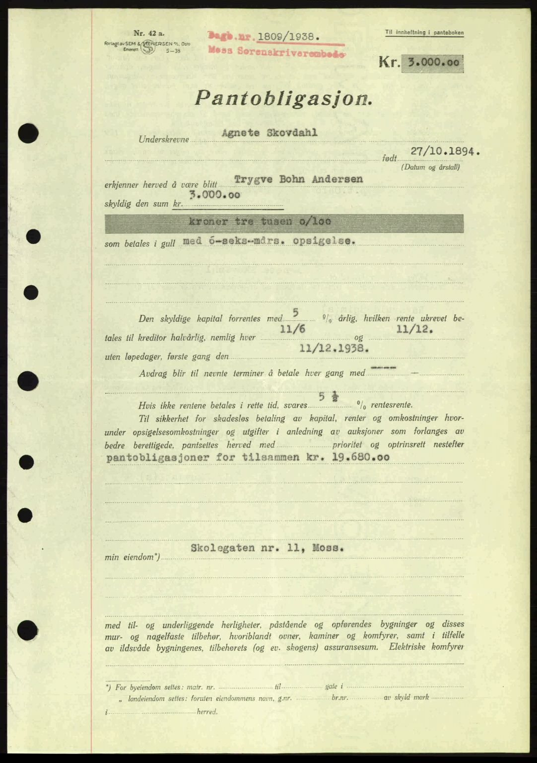 Moss sorenskriveri, SAO/A-10168: Pantebok nr. B6, 1938-1938, Dagboknr: 1809/1938