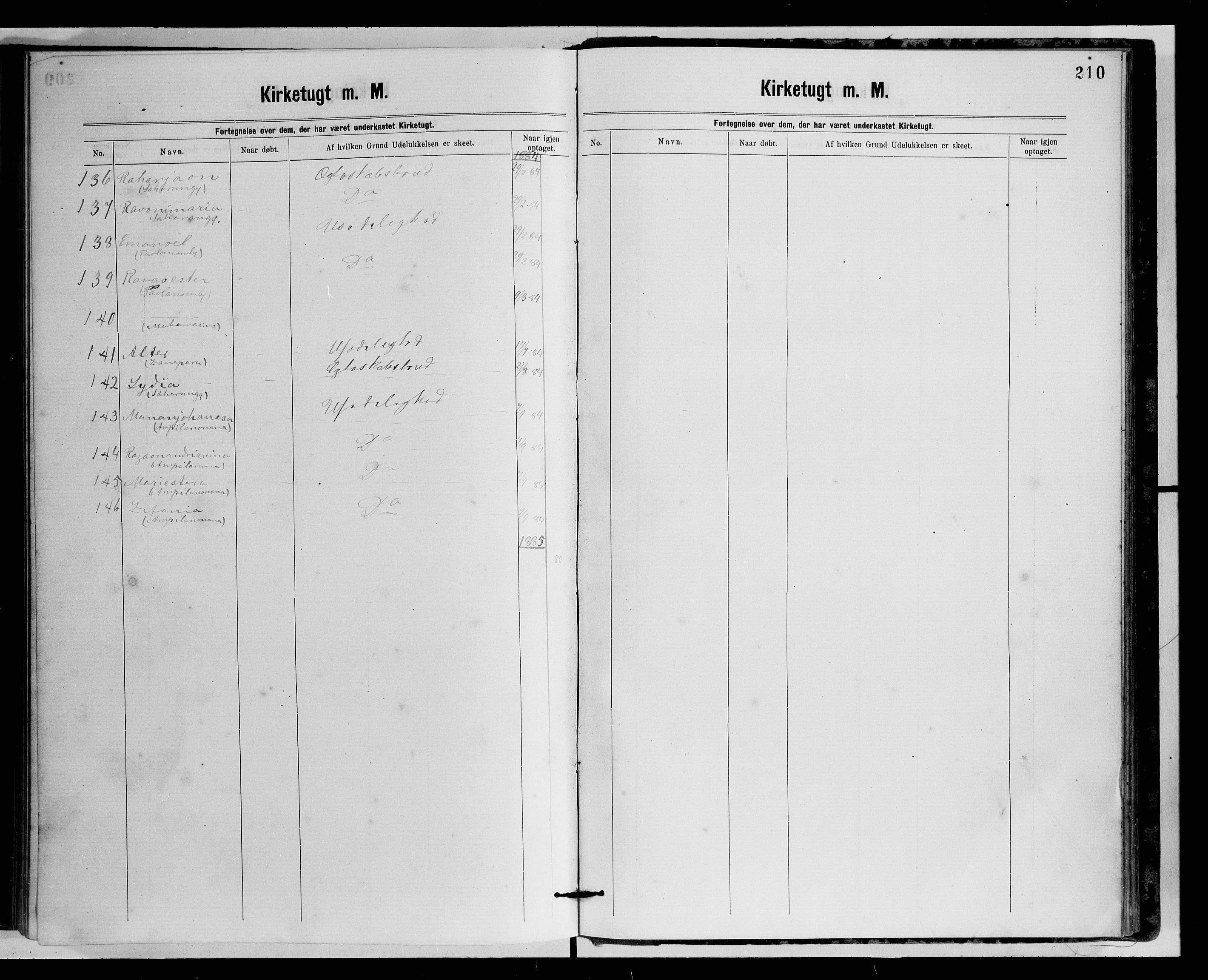 Archives FLM/NMS, Madagaskar, VID/MA-A-1163/D/Db/L0269: Ministerialbok nr. 1, 1867-1884, s. 210