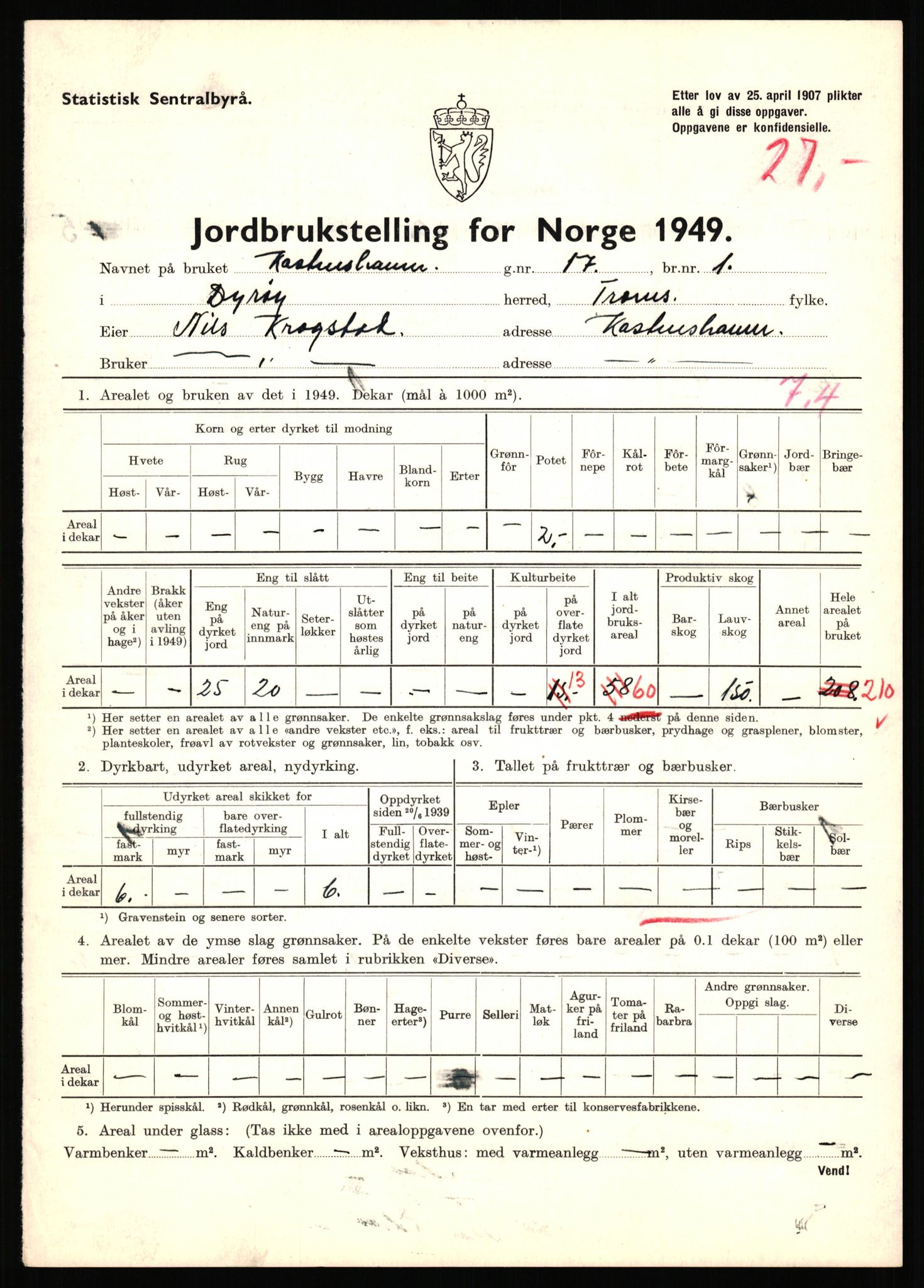 Statistisk sentralbyrå, Næringsøkonomiske emner, Jordbruk, skogbruk, jakt, fiske og fangst, AV/RA-S-2234/G/Gc/L0440: Troms: Sørreisa og Dyrøy, 1949, s. 1590