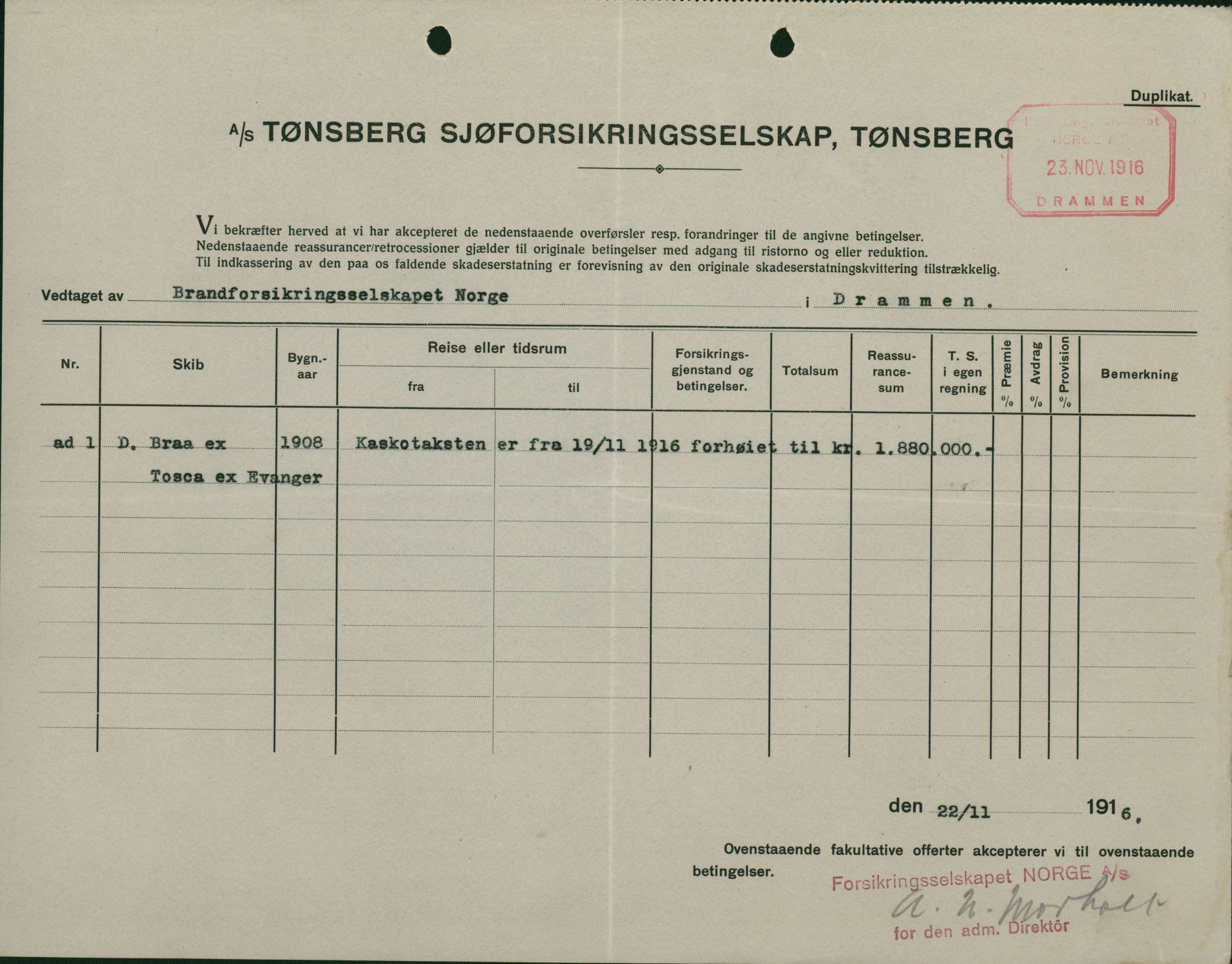 Pa 664 - Tønsberg Sjøforsikringsselskap, VEMU/A-1773/F/L0001: Forsikringspoliser, 1915-1918