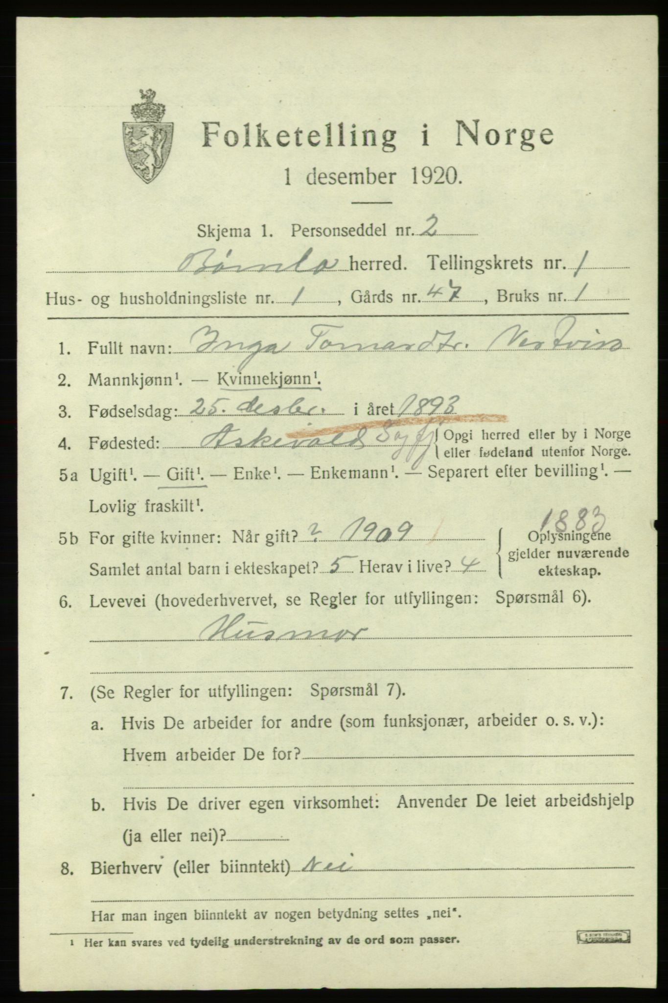 SAB, Folketelling 1920 for 1219 Bømlo herred, 1920, s. 449