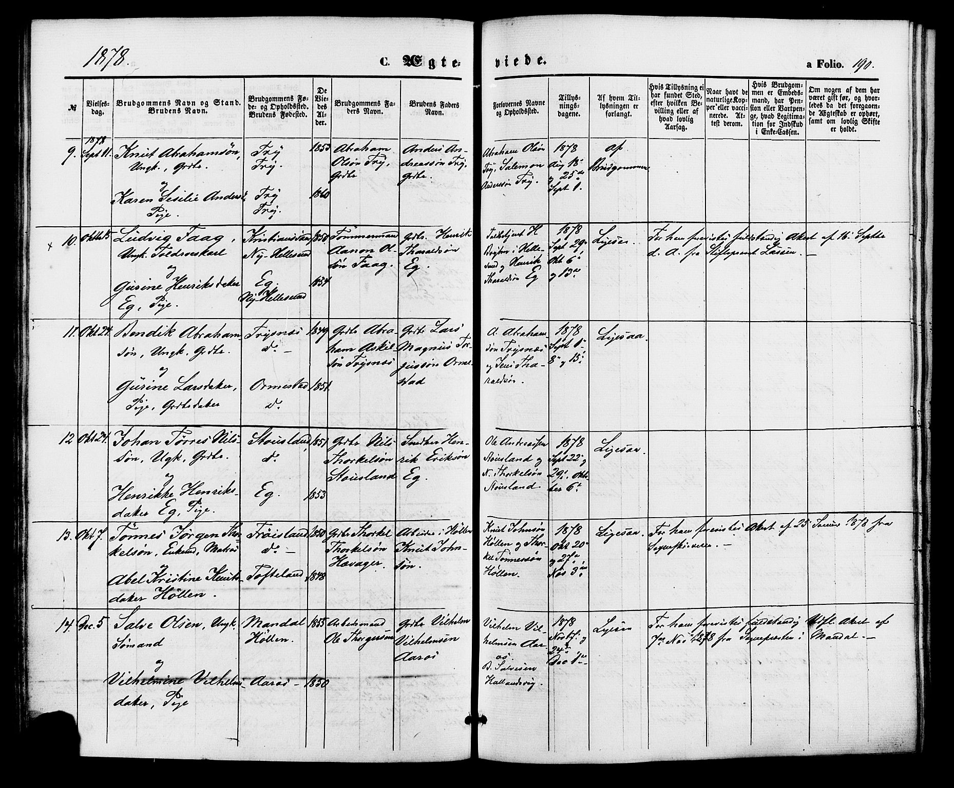 Søgne sokneprestkontor, AV/SAK-1111-0037/F/Fa/Fab/L0011: Ministerialbok nr. A 11, 1869-1879, s. 190