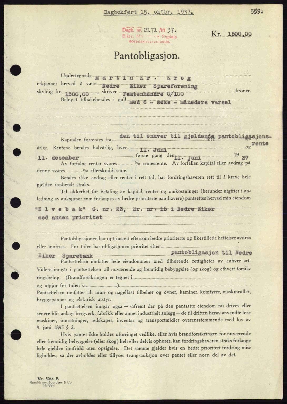 Eiker, Modum og Sigdal sorenskriveri, SAKO/A-123/G/Ga/Gab/L0036: Pantebok nr. A6, 1937-1937, Dagboknr: 2171/1937