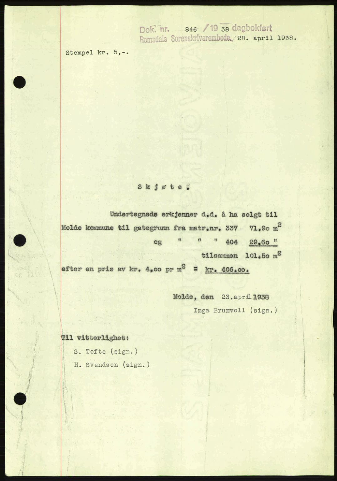 Romsdal sorenskriveri, SAT/A-4149/1/2/2C: Pantebok nr. A5, 1938-1938, Dagboknr: 846/1938