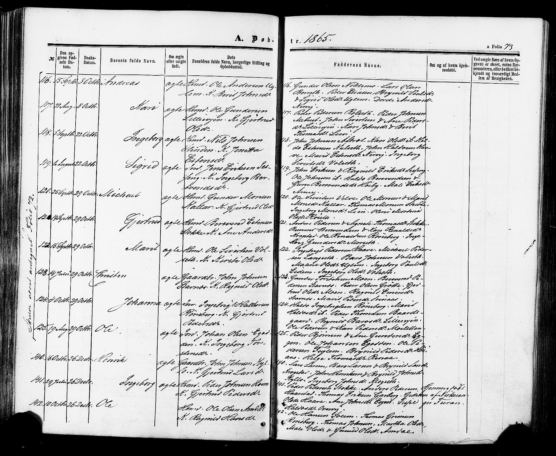 Ministerialprotokoller, klokkerbøker og fødselsregistre - Sør-Trøndelag, SAT/A-1456/695/L1147: Ministerialbok nr. 695A07, 1860-1877, s. 73
