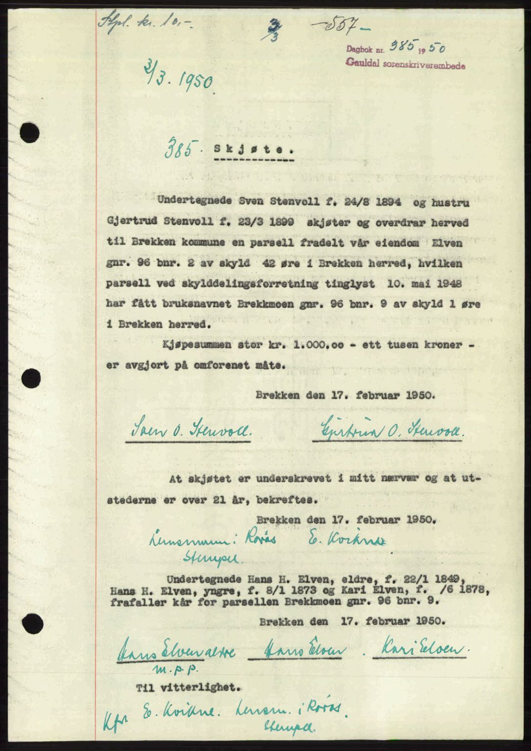 Gauldal sorenskriveri, SAT/A-0014/1/2/2C: Pantebok nr. A9, 1949-1950, Dagboknr: 385/1950