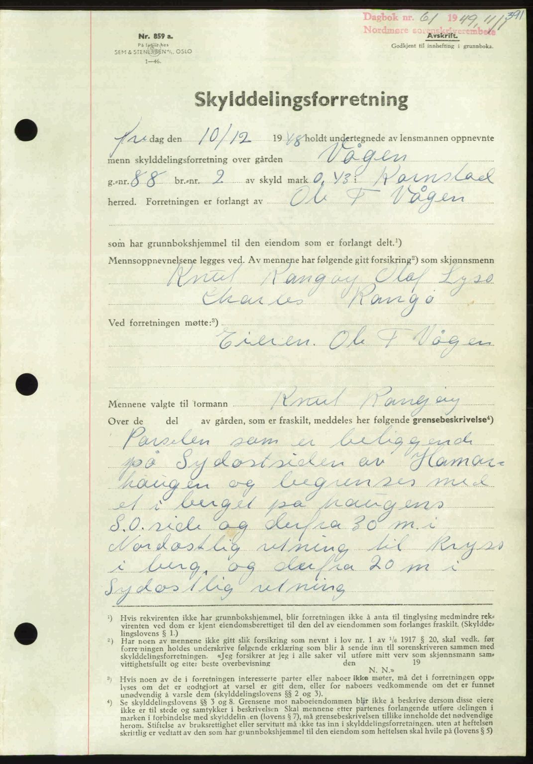 Nordmøre sorenskriveri, SAT/A-4132/1/2/2Ca: Pantebok nr. A110, 1948-1949, Dagboknr: 61/1949