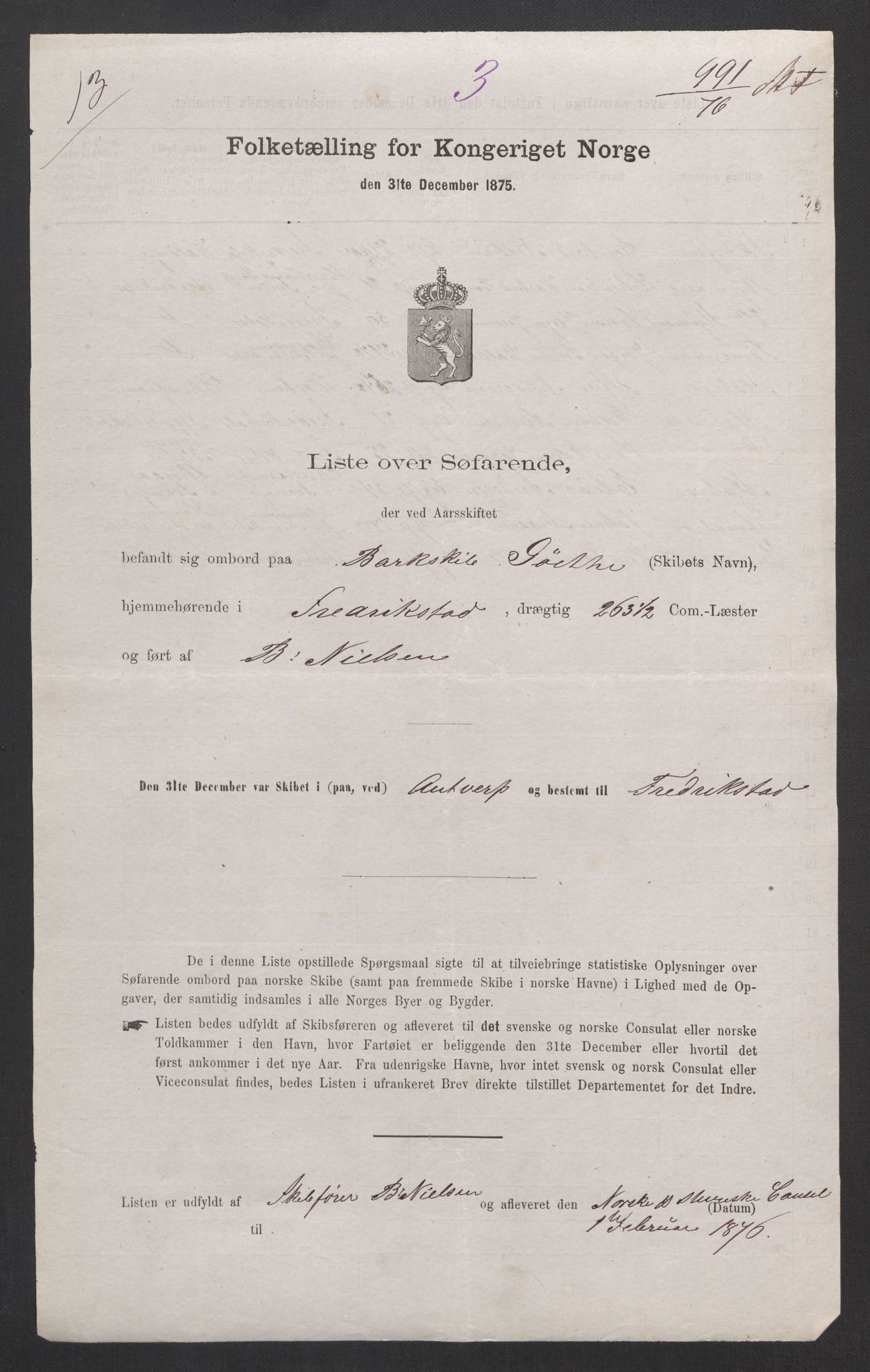 RA, Folketelling 1875, skipslister: Skip i utenrikske havner, hjemmehørende i byer og ladesteder, Fredrikshald - Arendal, 1875, s. 42