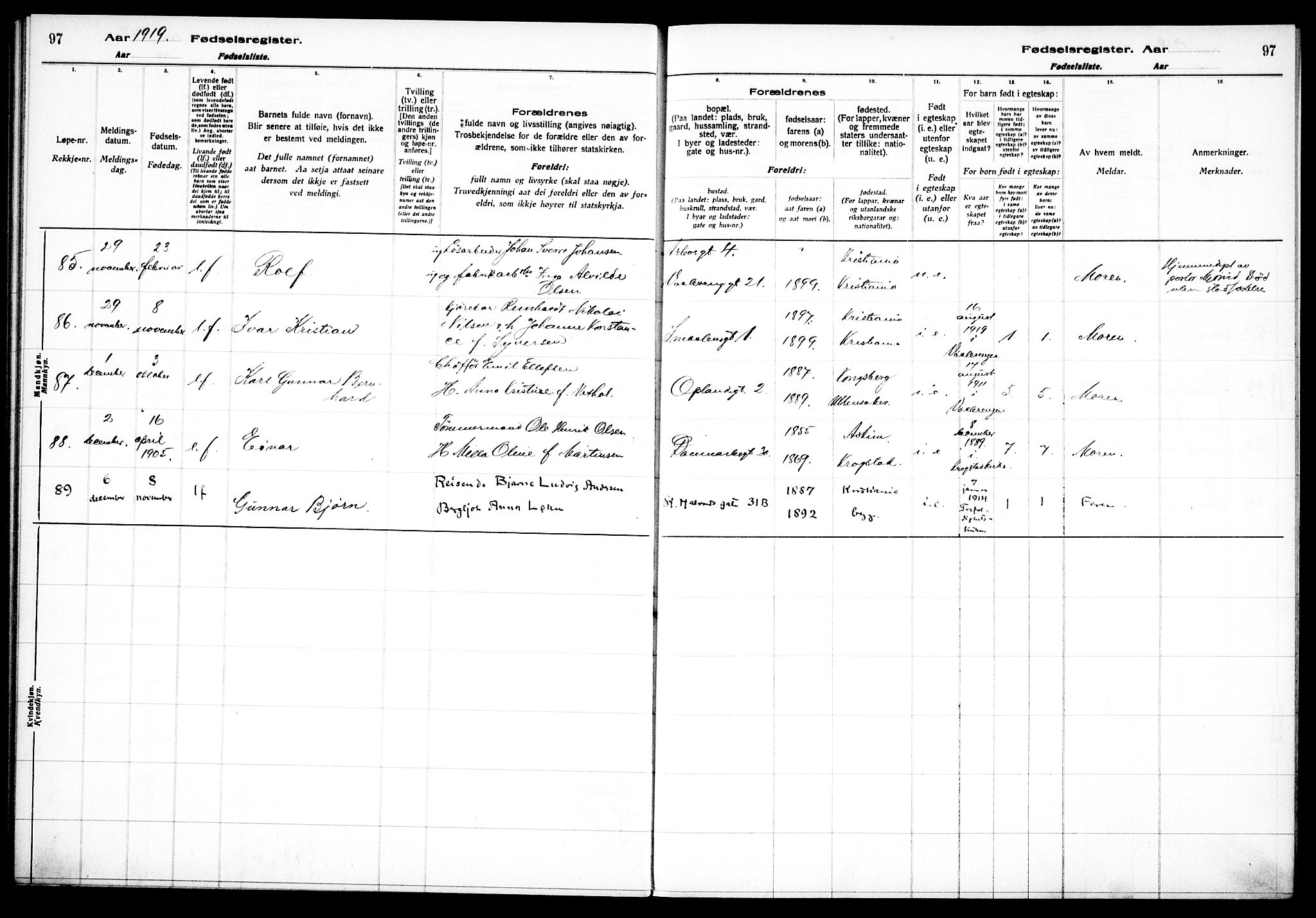 Vålerengen prestekontor Kirkebøker, AV/SAO-A-10878/J/Ja/L0001: Fødselsregister nr. 1, 1916-1924, s. 97