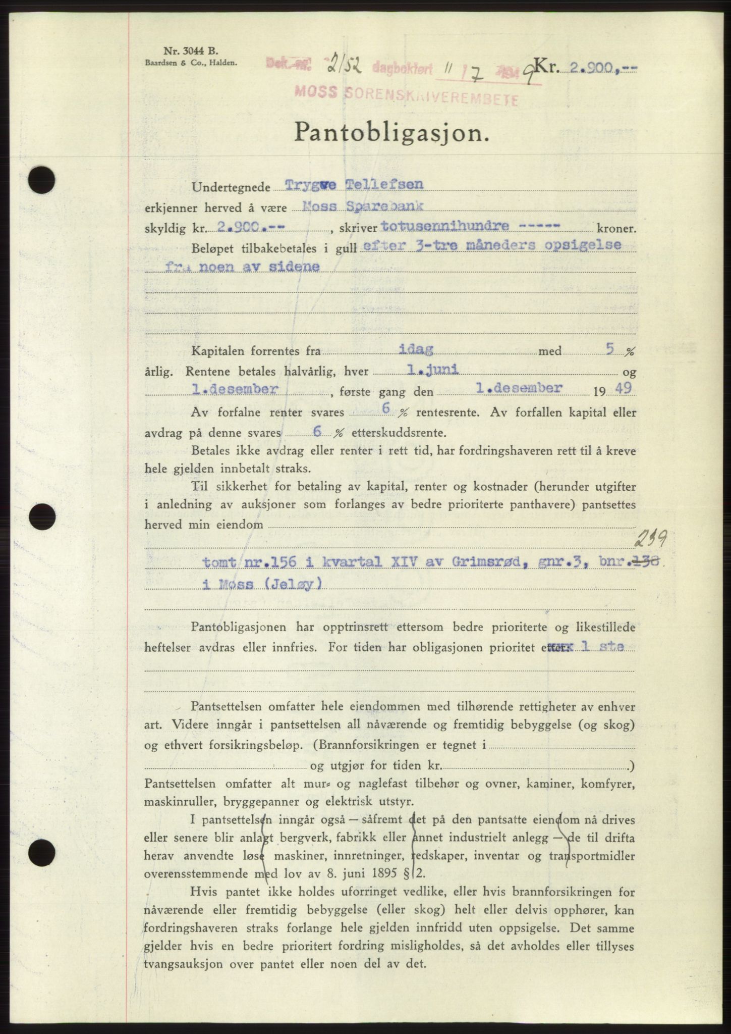 Moss sorenskriveri, SAO/A-10168: Pantebok nr. B22, 1949-1949, Dagboknr: 2152/1949