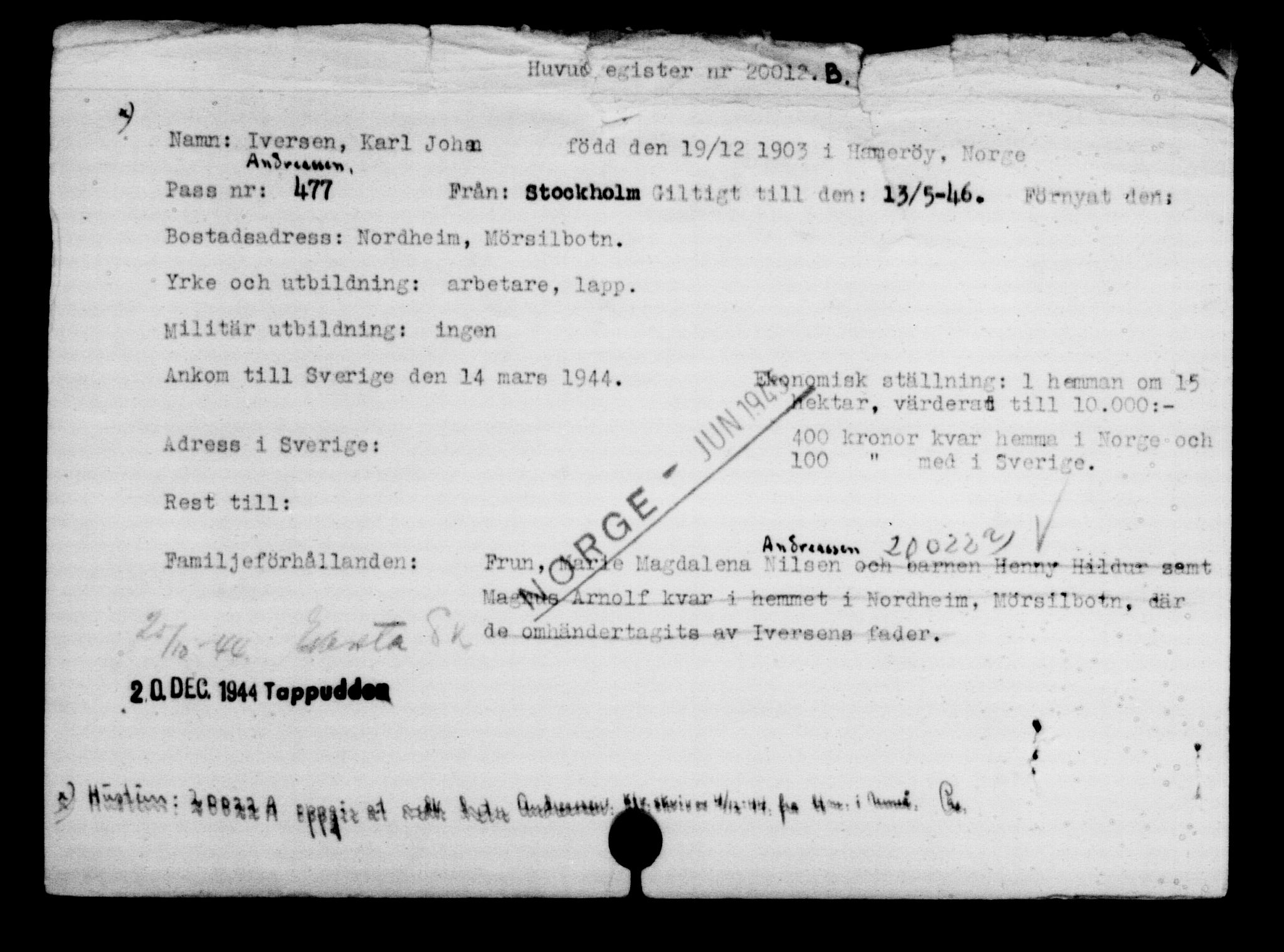 Utenriksstasjonene, Legasjonen i Stockholm, Flyktningkontoret, AV/RA-S-6753/V/Va/L0009: Kjesäterkartoteket, flyktninger med registreringsnr. 18502-22048, 1940-1945, s. 1676
