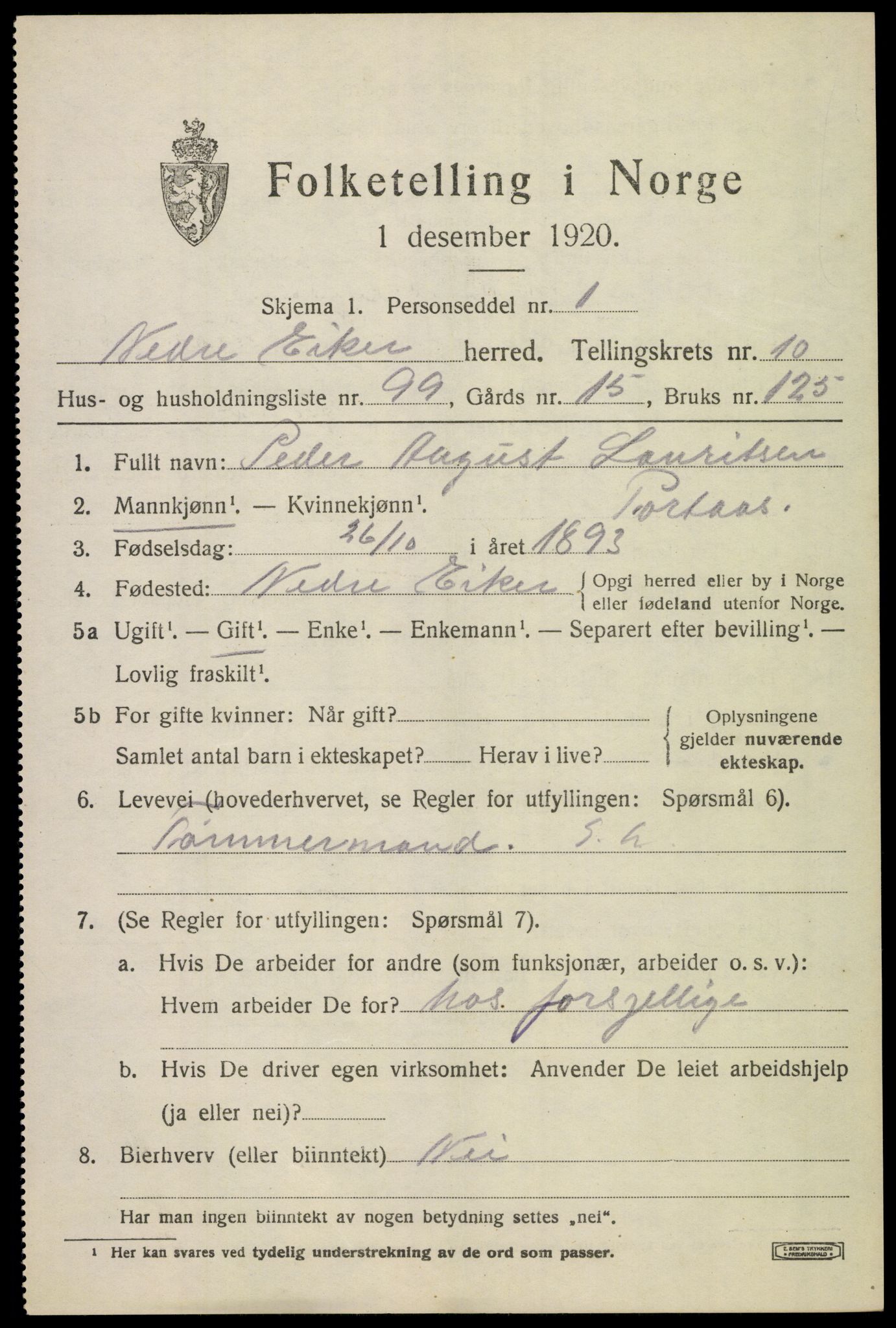 SAKO, Folketelling 1920 for 0625 Nedre Eiker herred, 1920, s. 11011