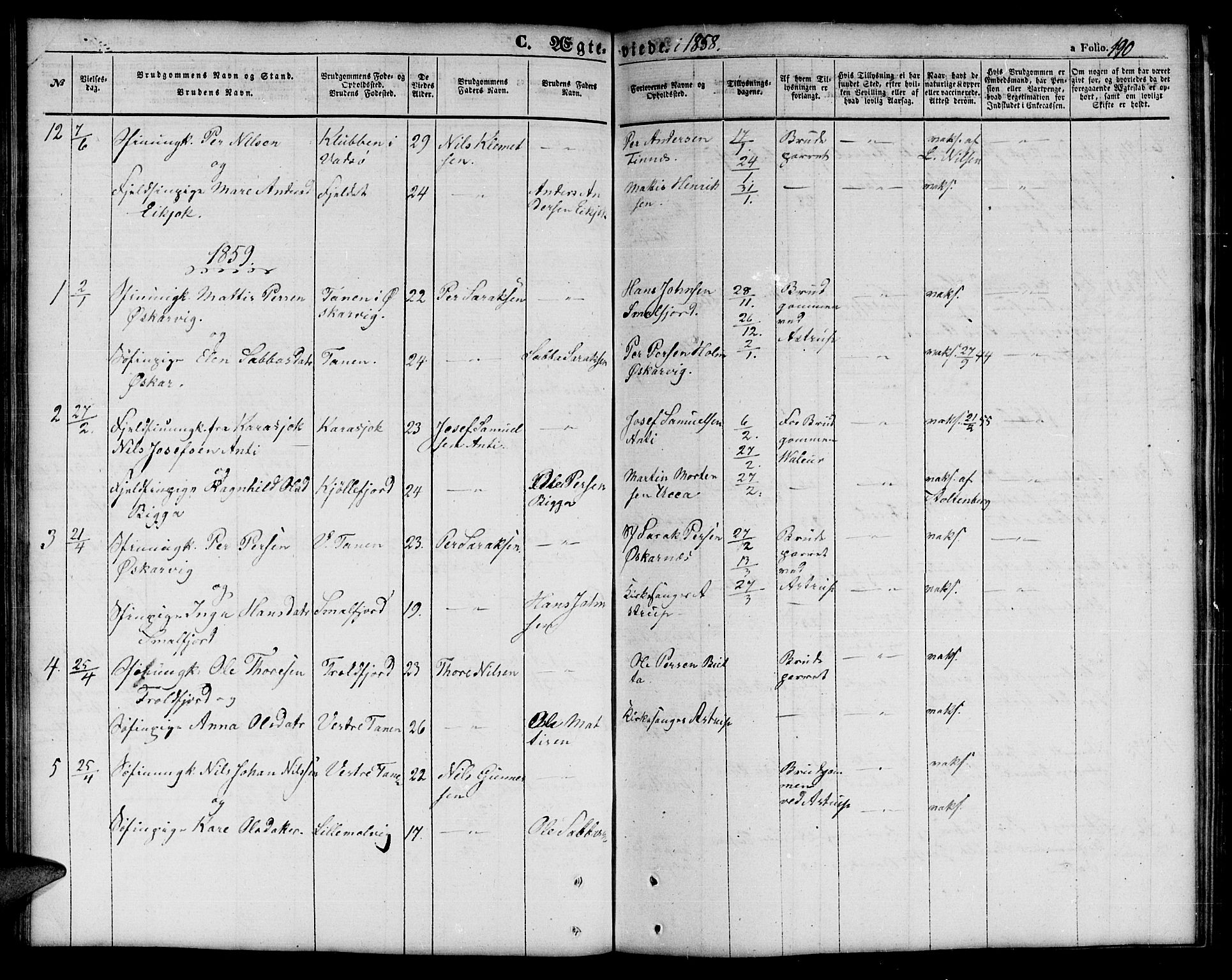 Tana sokneprestkontor, AV/SATØ-S-1334/H/Hb/L0001klokker: Klokkerbok nr. 1 /1, 1853-1867, s. 190