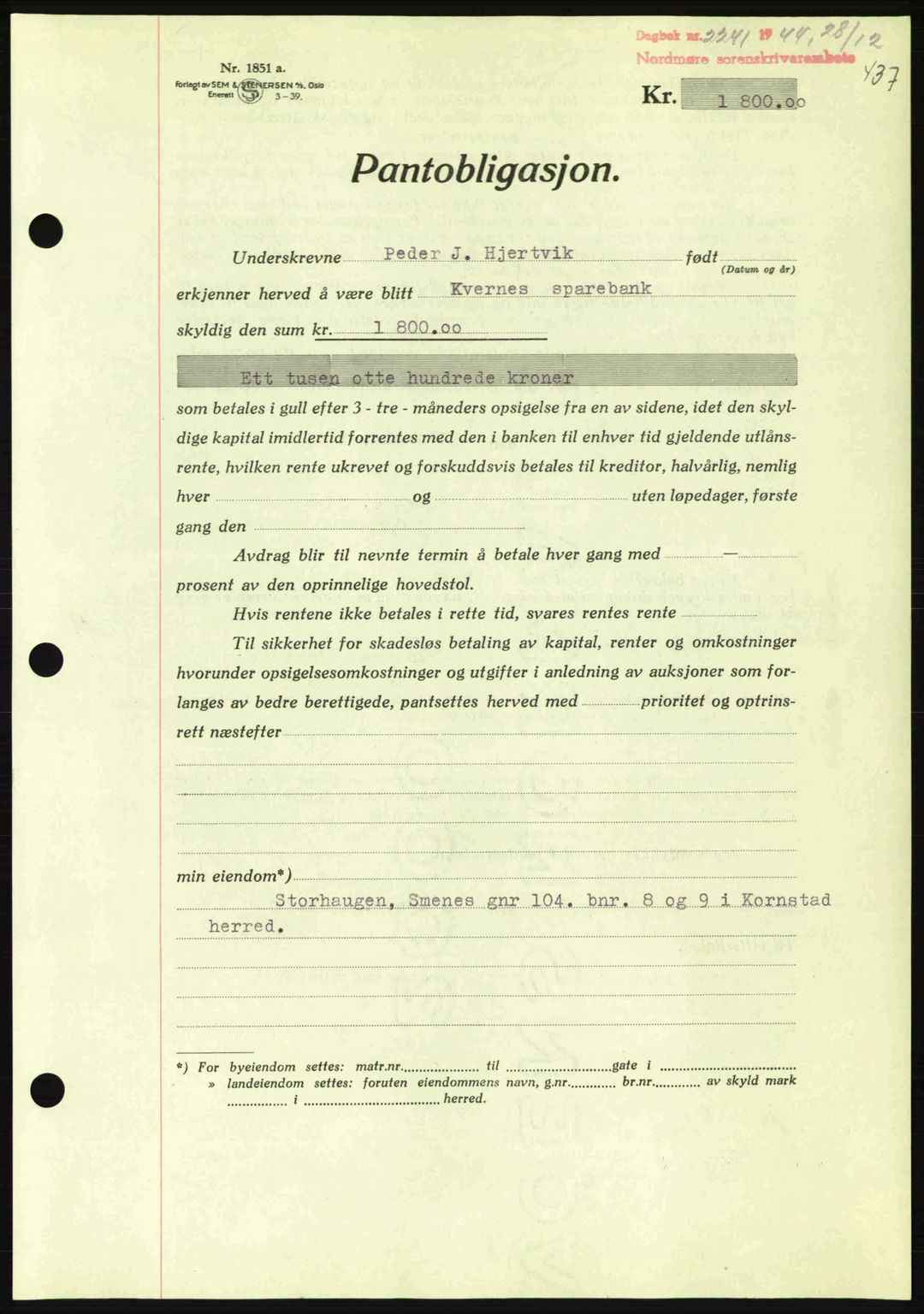 Nordmøre sorenskriveri, AV/SAT-A-4132/1/2/2Ca: Pantebok nr. B92, 1944-1945, Dagboknr: 2241/1944