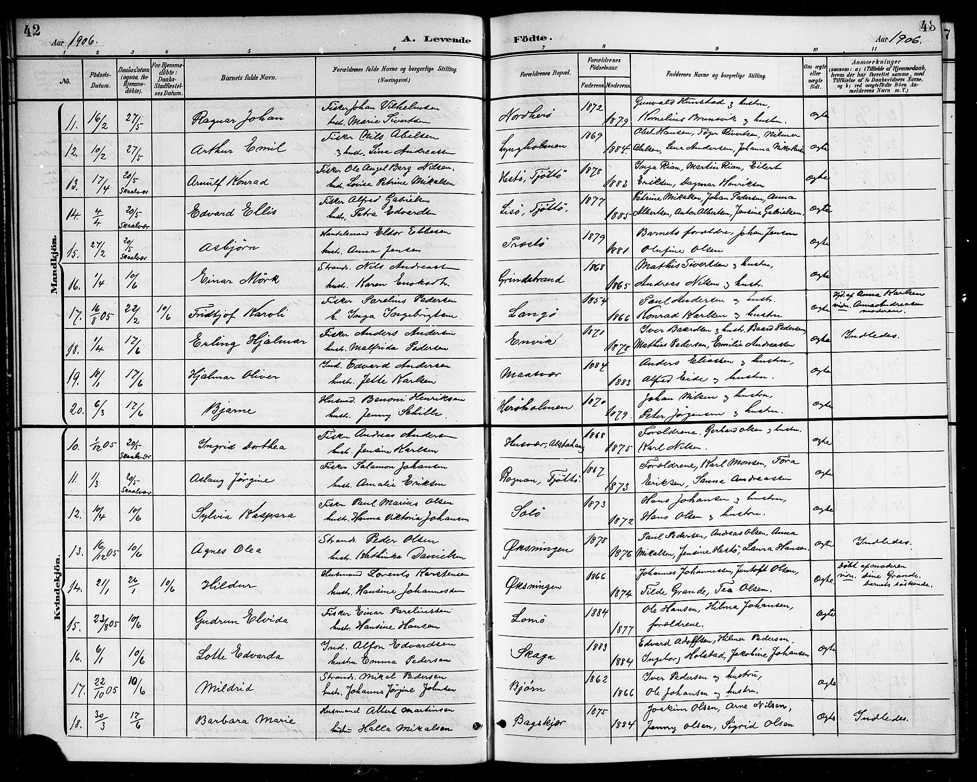 Ministerialprotokoller, klokkerbøker og fødselsregistre - Nordland, AV/SAT-A-1459/834/L0516: Klokkerbok nr. 834C06, 1902-1918, s. 42-43