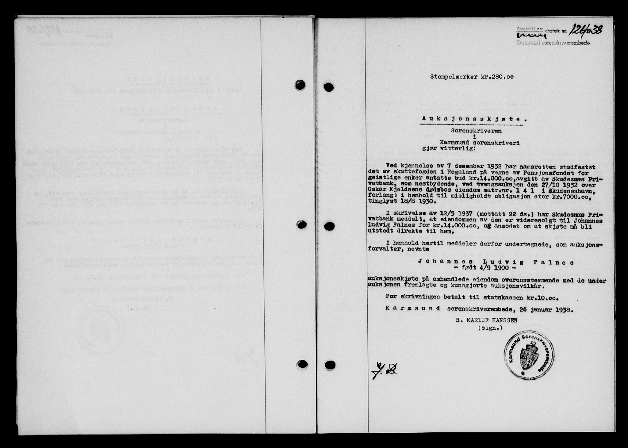 Karmsund sorenskriveri, SAST/A-100311/01/II/IIB/L0069: Pantebok nr. 50A, 1937-1938, Dagboknr: 126/1938