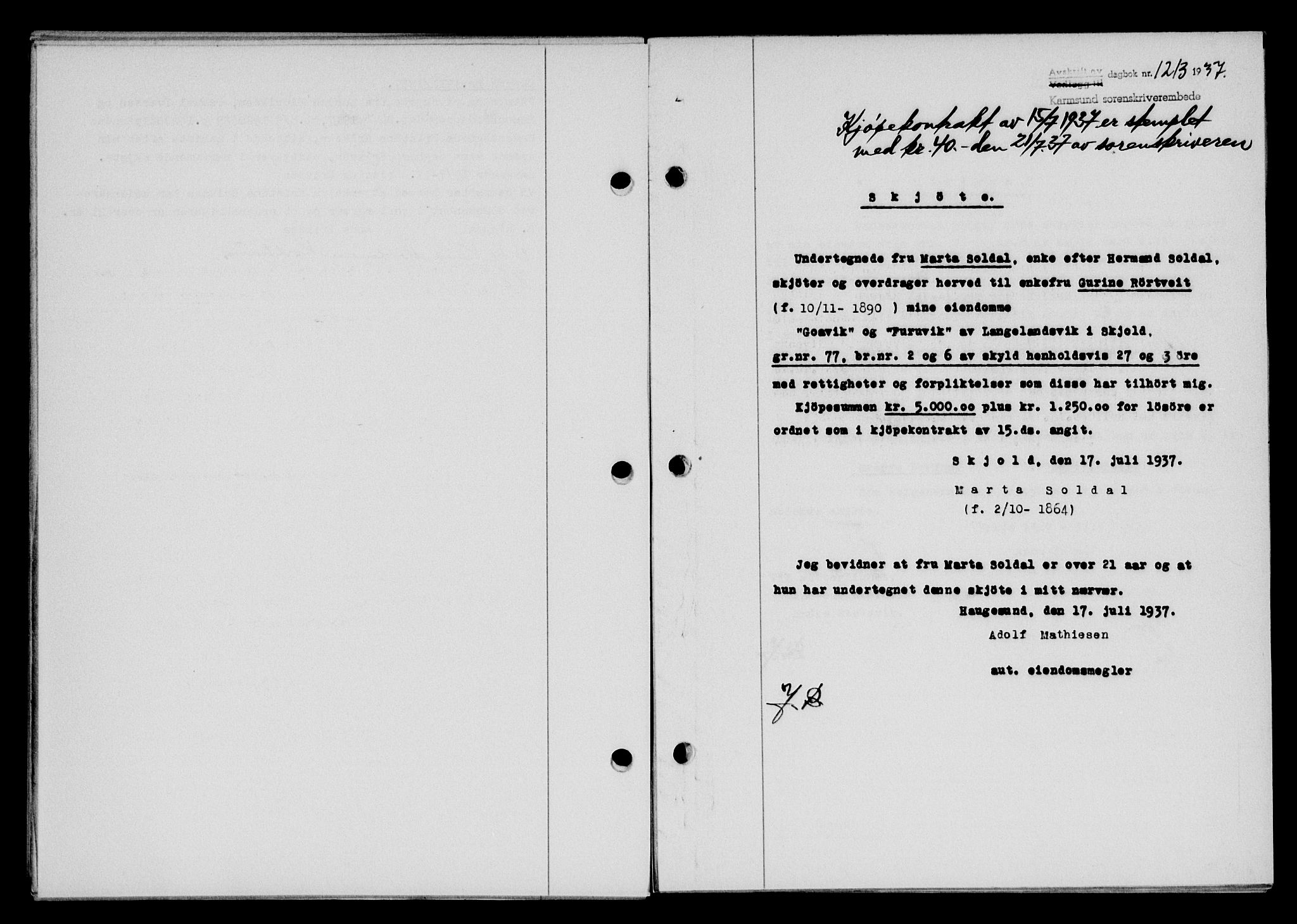 Karmsund sorenskriveri, SAST/A-100311/01/II/IIB/L0068: Pantebok nr. 49A, 1937-1937, Dagboknr: 1213/1937